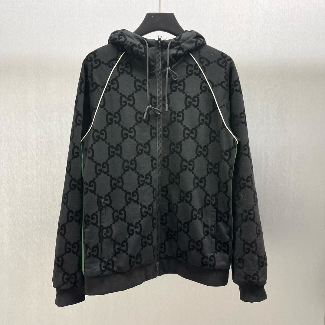 1:1 Top version new decorated ribbon flock double G pattern zipper jacket