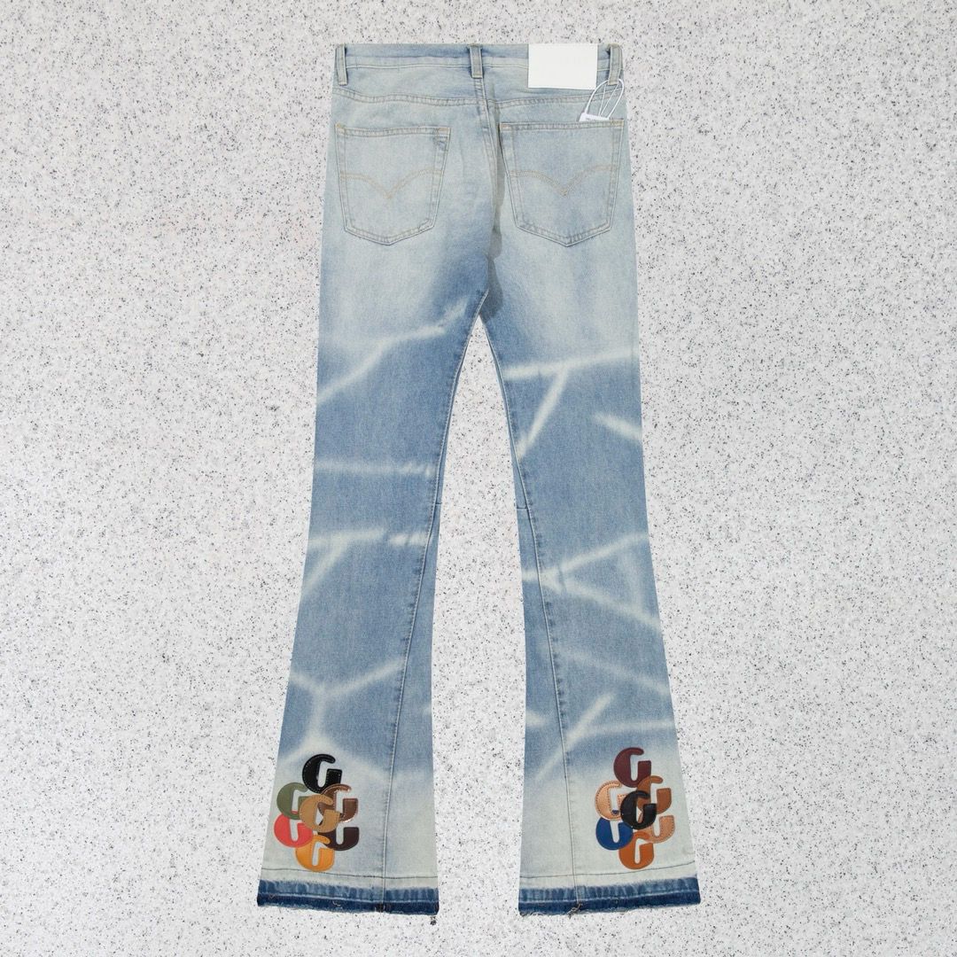 1:1 New arrival light blue with leather logo flared jeans