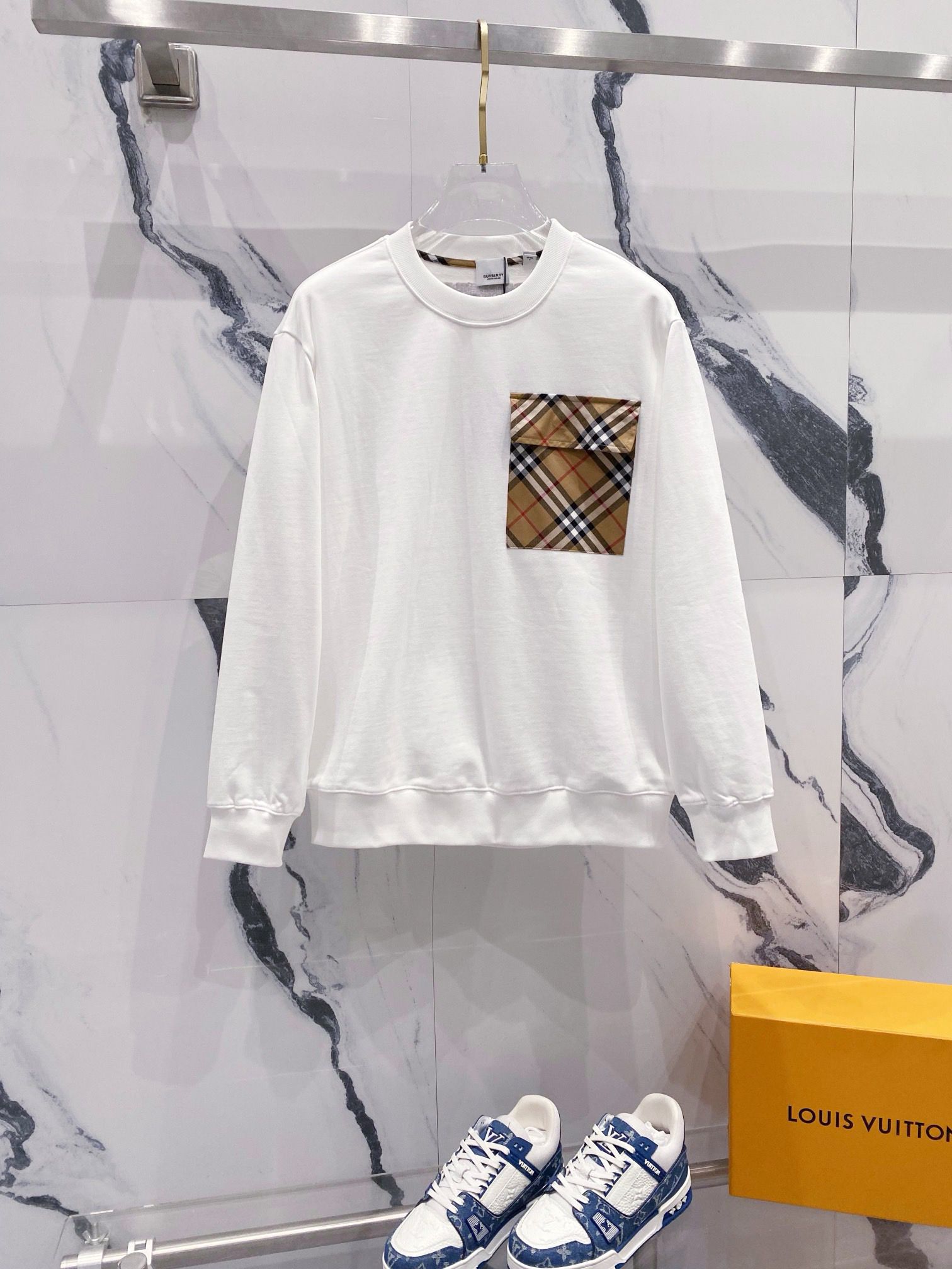 1:1 Verison new pocket with logo plaid crewneck hoodie