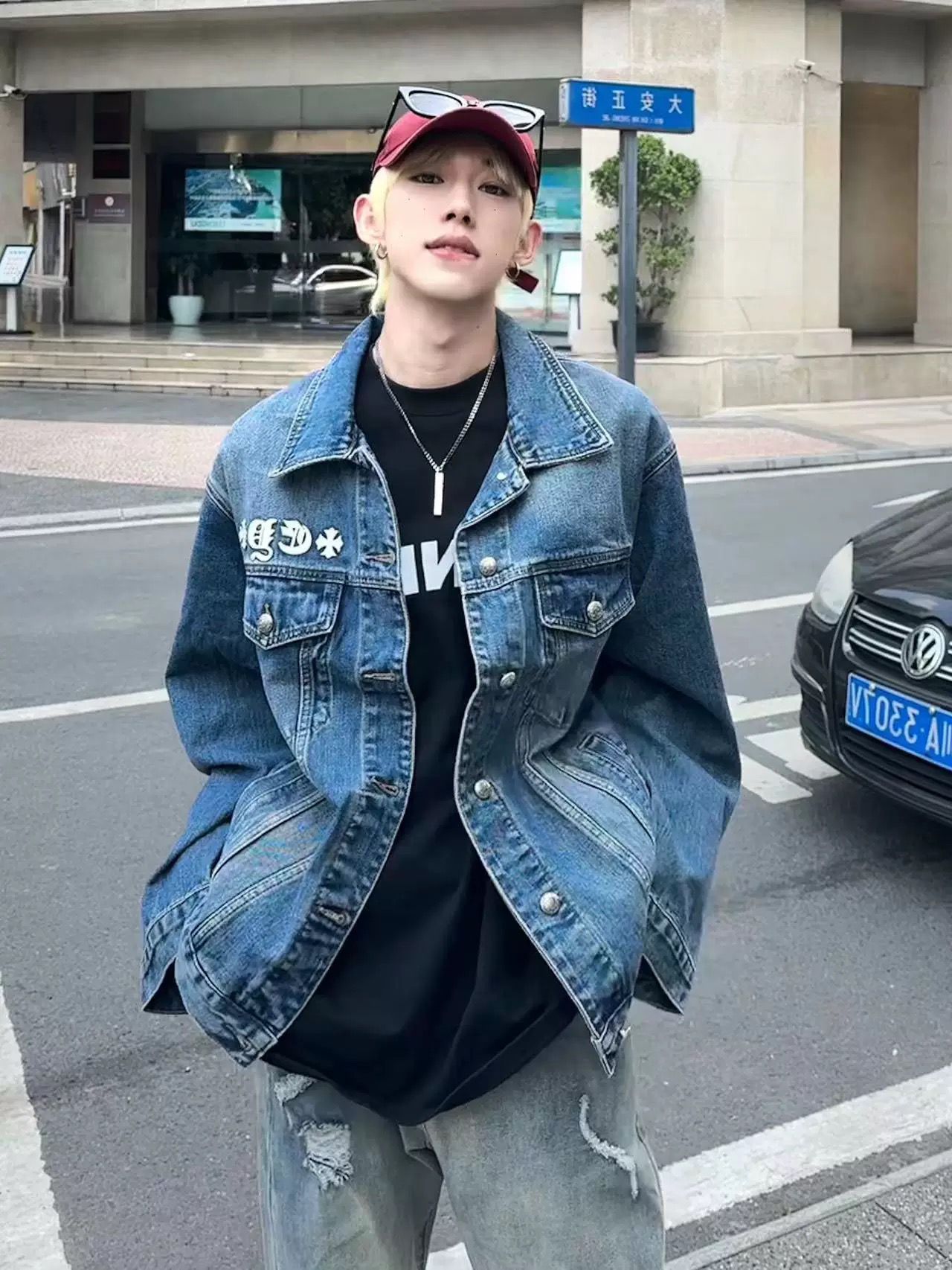 1:1 Version oversize leather logo washing blue denim jacket