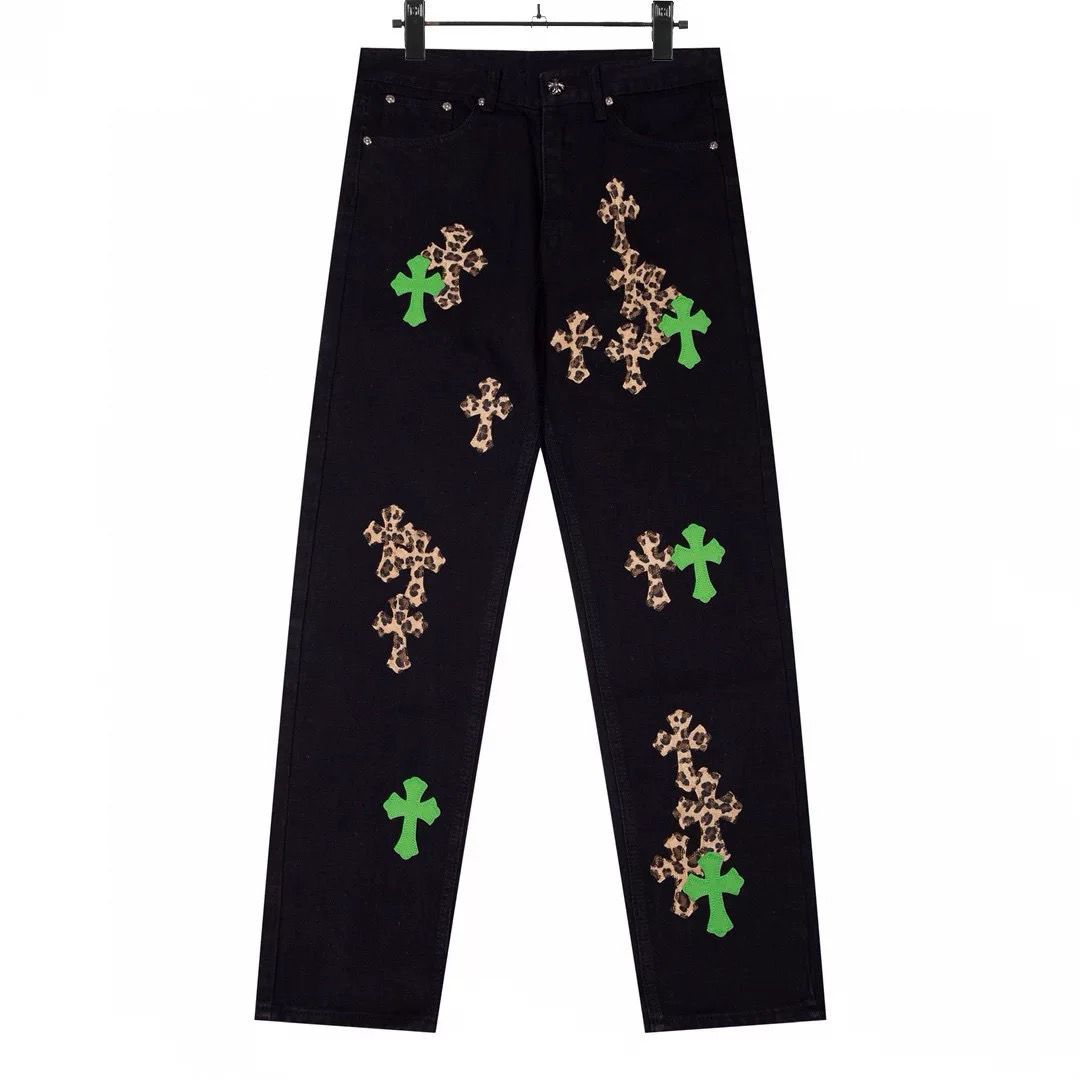 1：1 version new washing black with green leather logo jeans