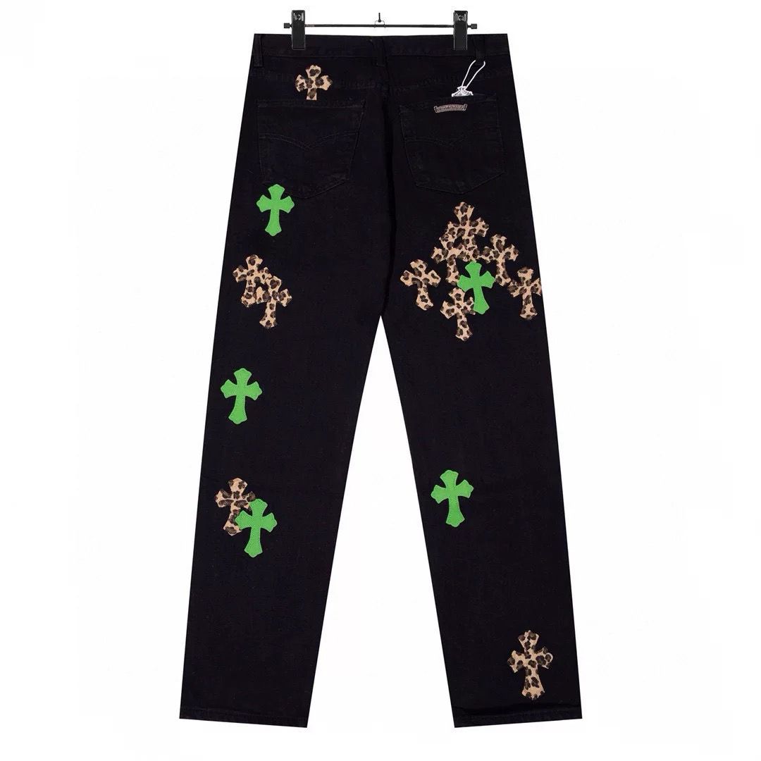 1：1 version new washing black with green leather logo jeans