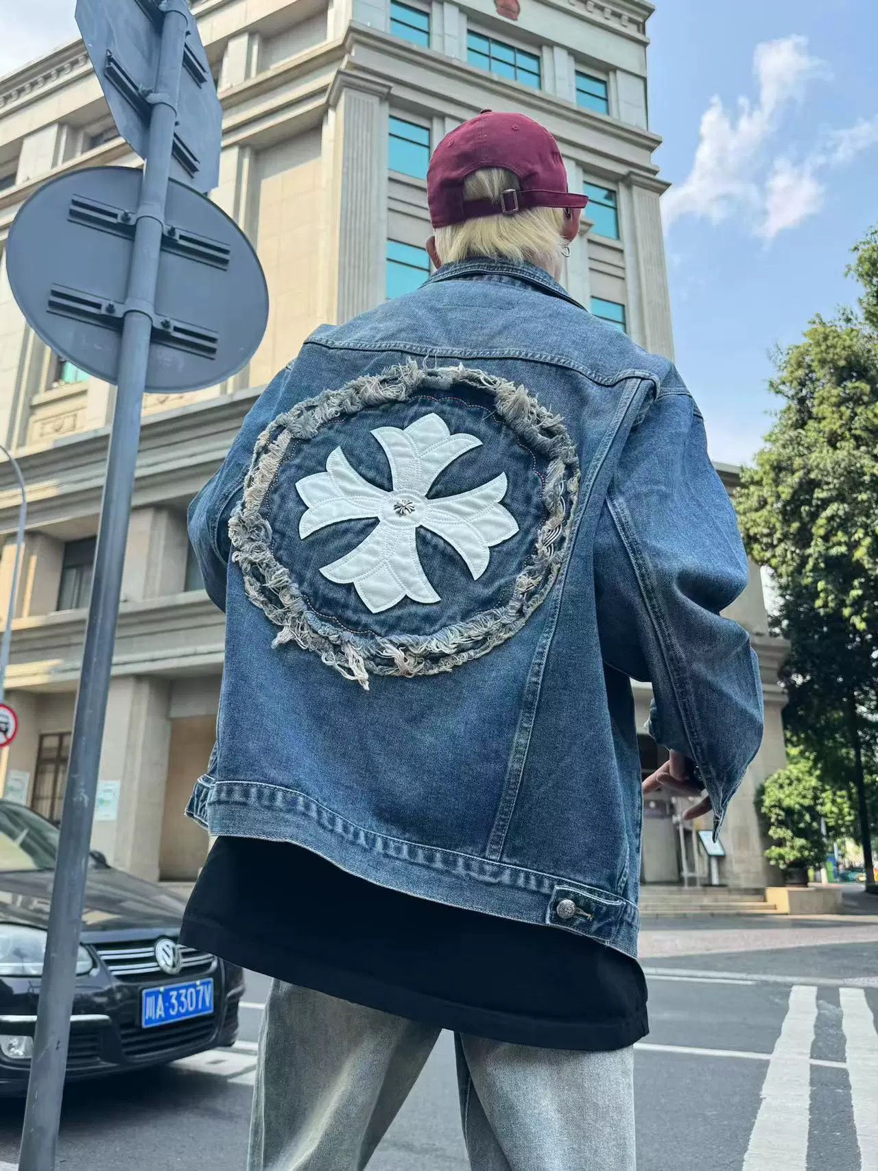 1:1 Version oversize leather logo washing blue denim jacket