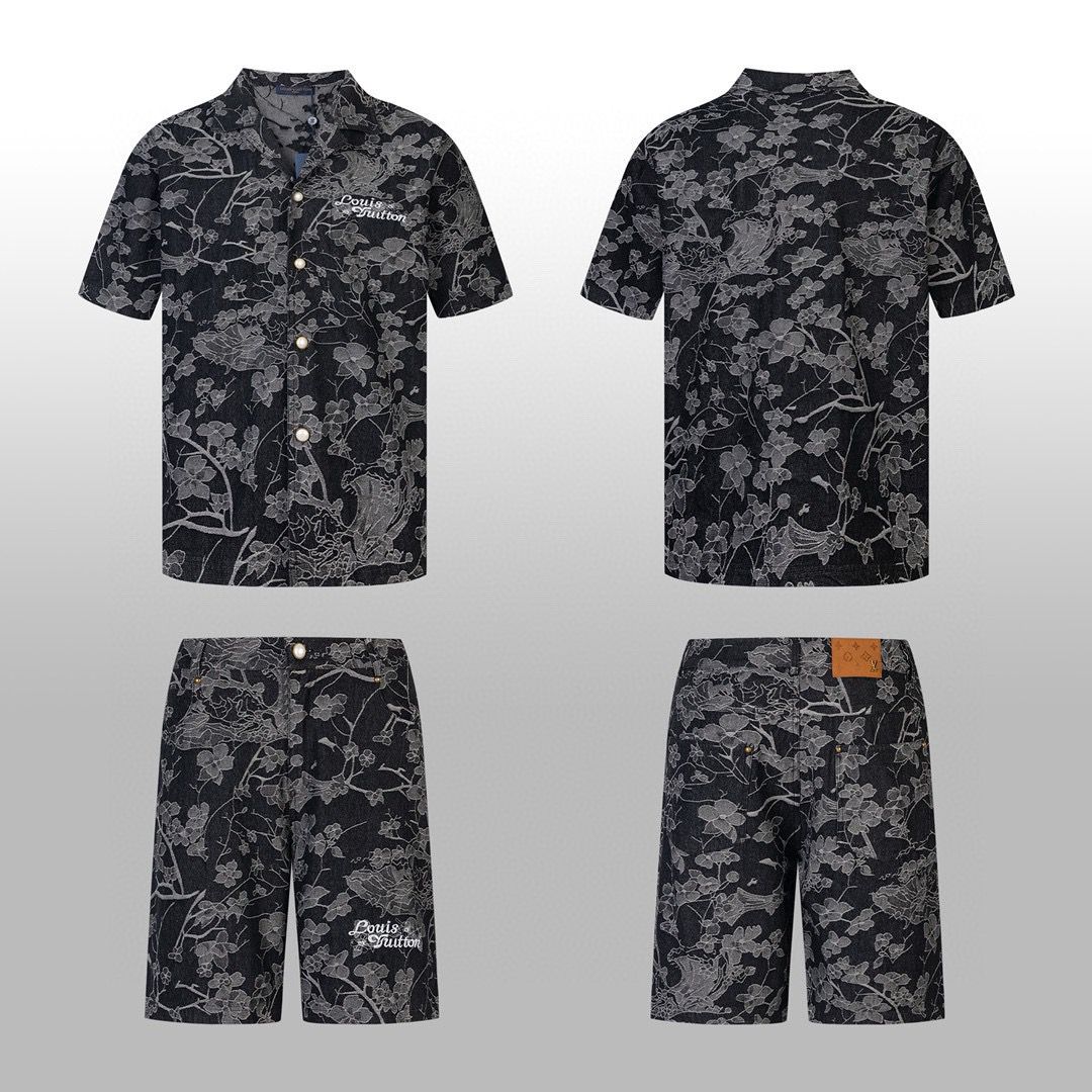 1:1 Top version new black jacquard denim shirt short set tracksuit