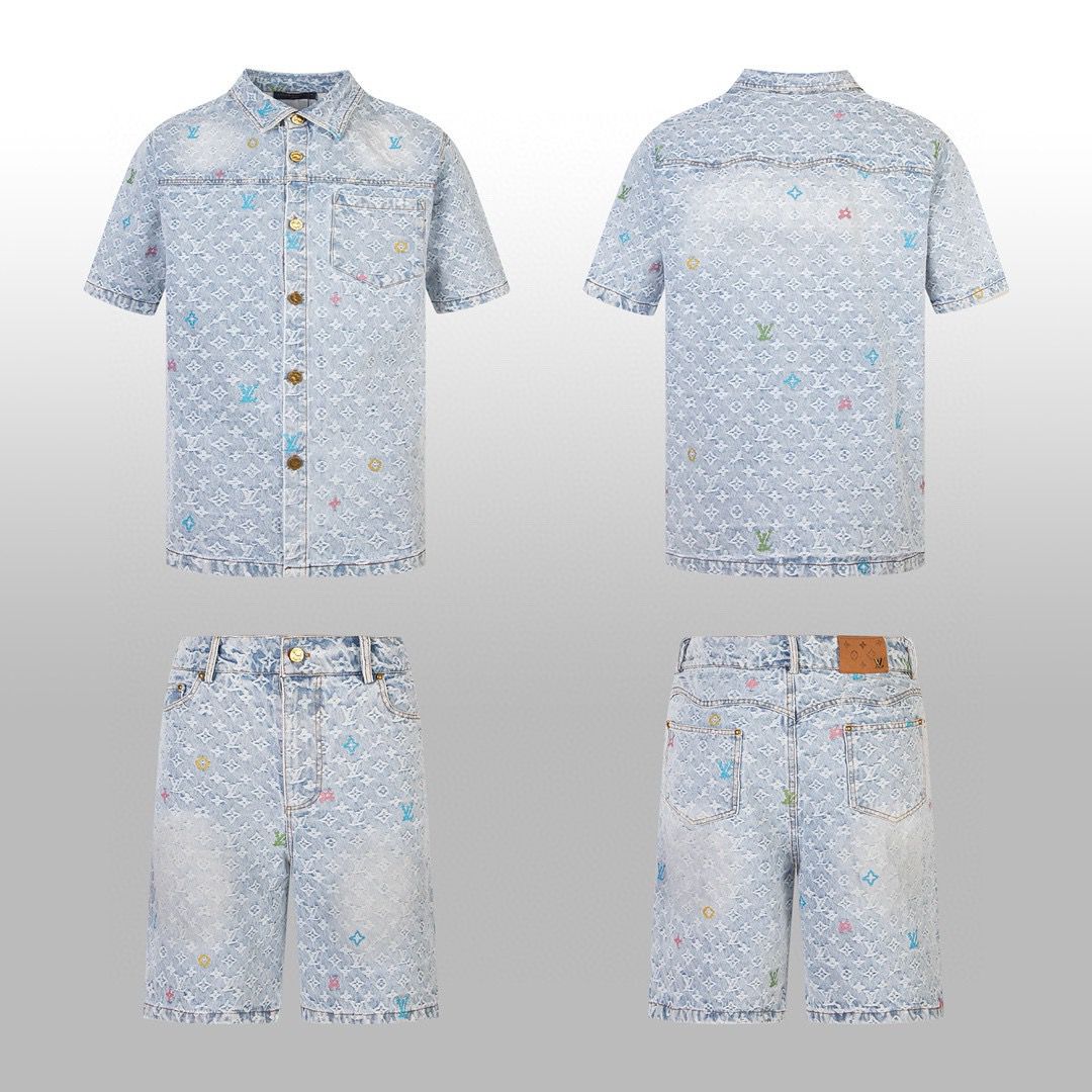 1:1 Top version new jacquard denim short sleeve with short set tracksuit