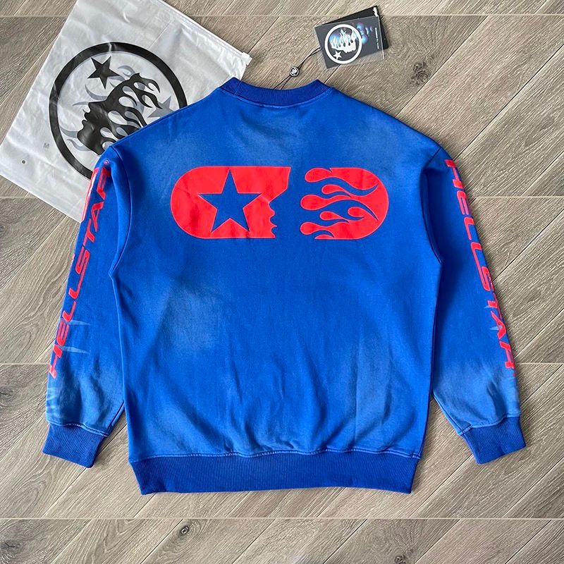 1:1 top version washing blue with red logo crewneck hoodie
