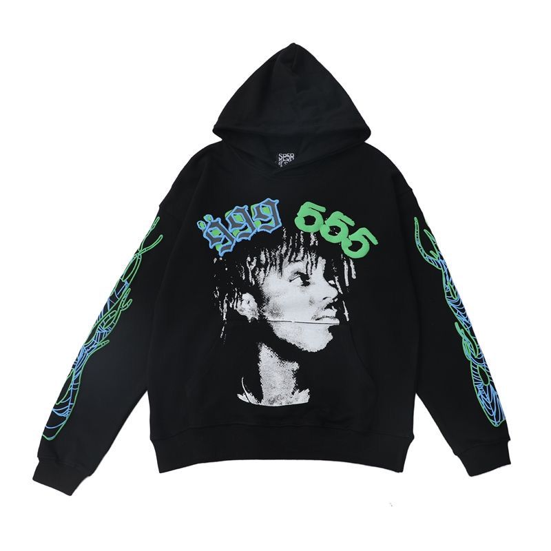 555 Green puff print with face hoodie