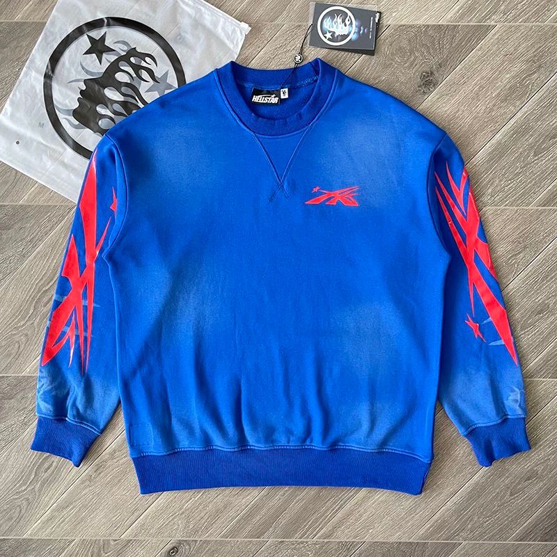 1:1 top version washing blue with red logo crewneck hoodie