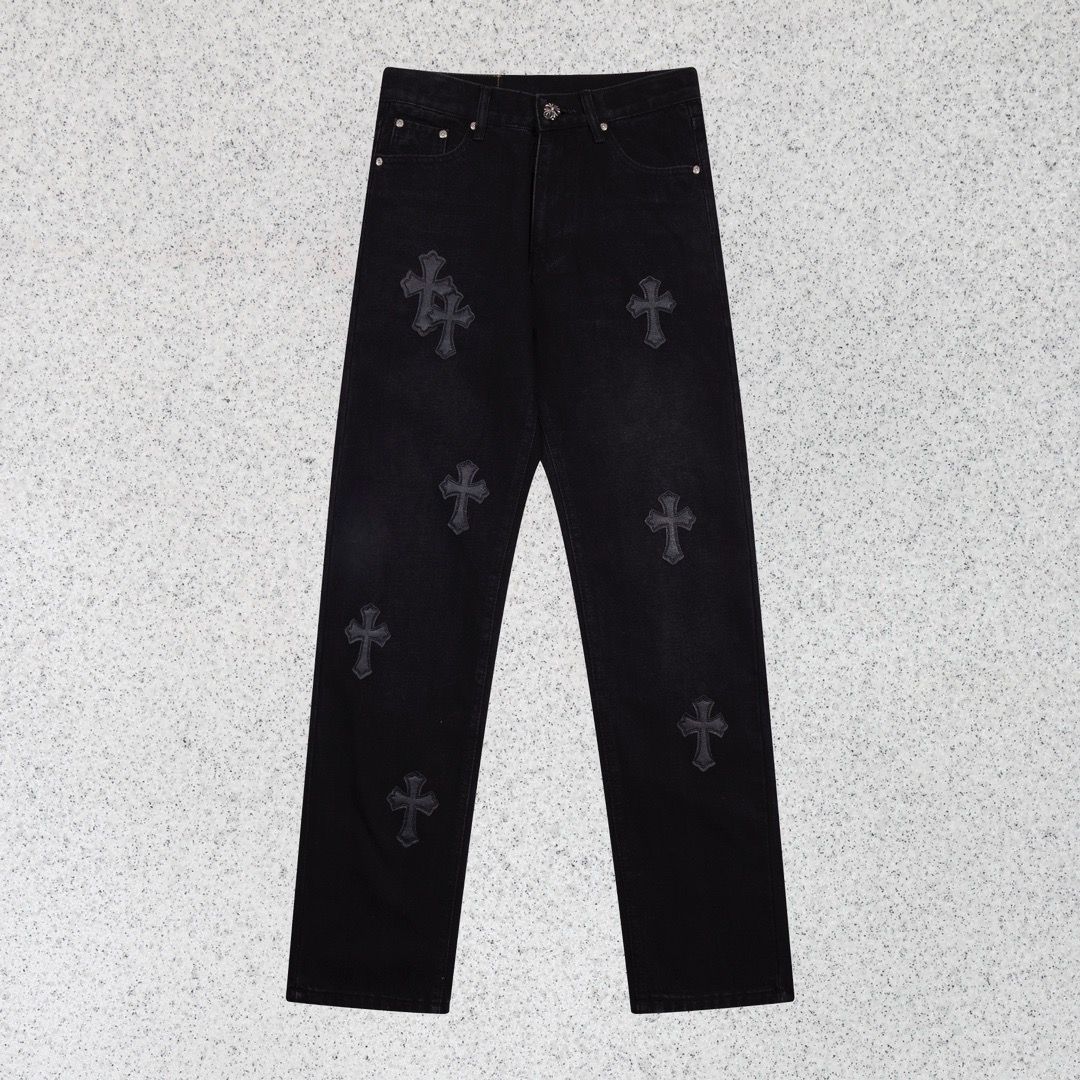 New arrival all black with leather cross jeans