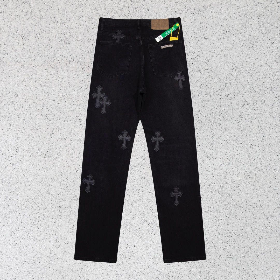 New arrival all black with leather cross jeans