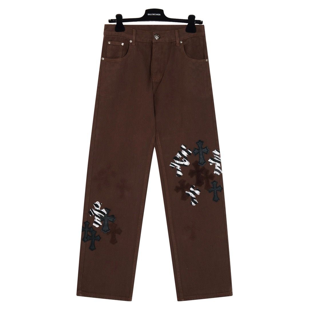New arrival brown color with leather cross jeans
