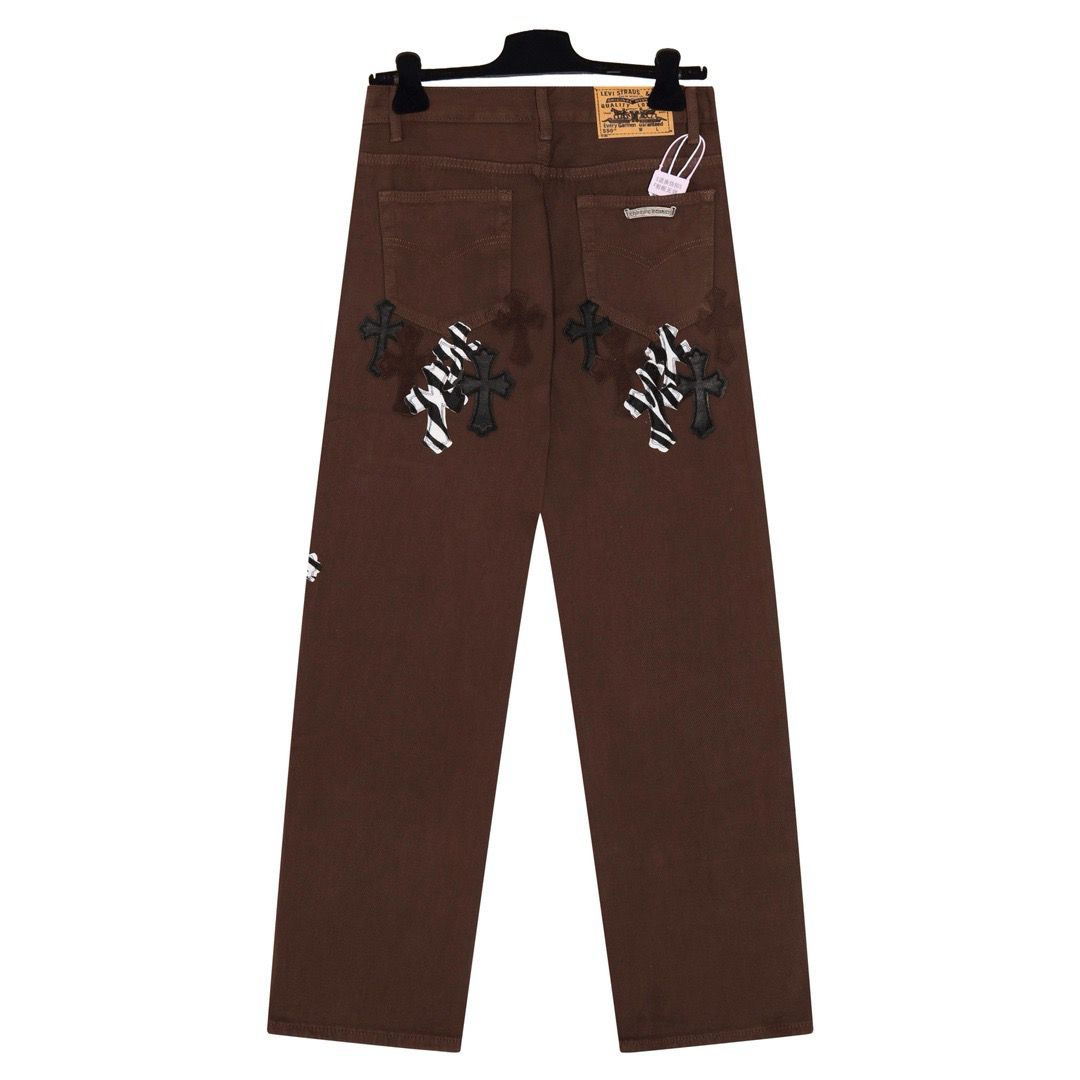 New arrival brown color with leather cross jeans