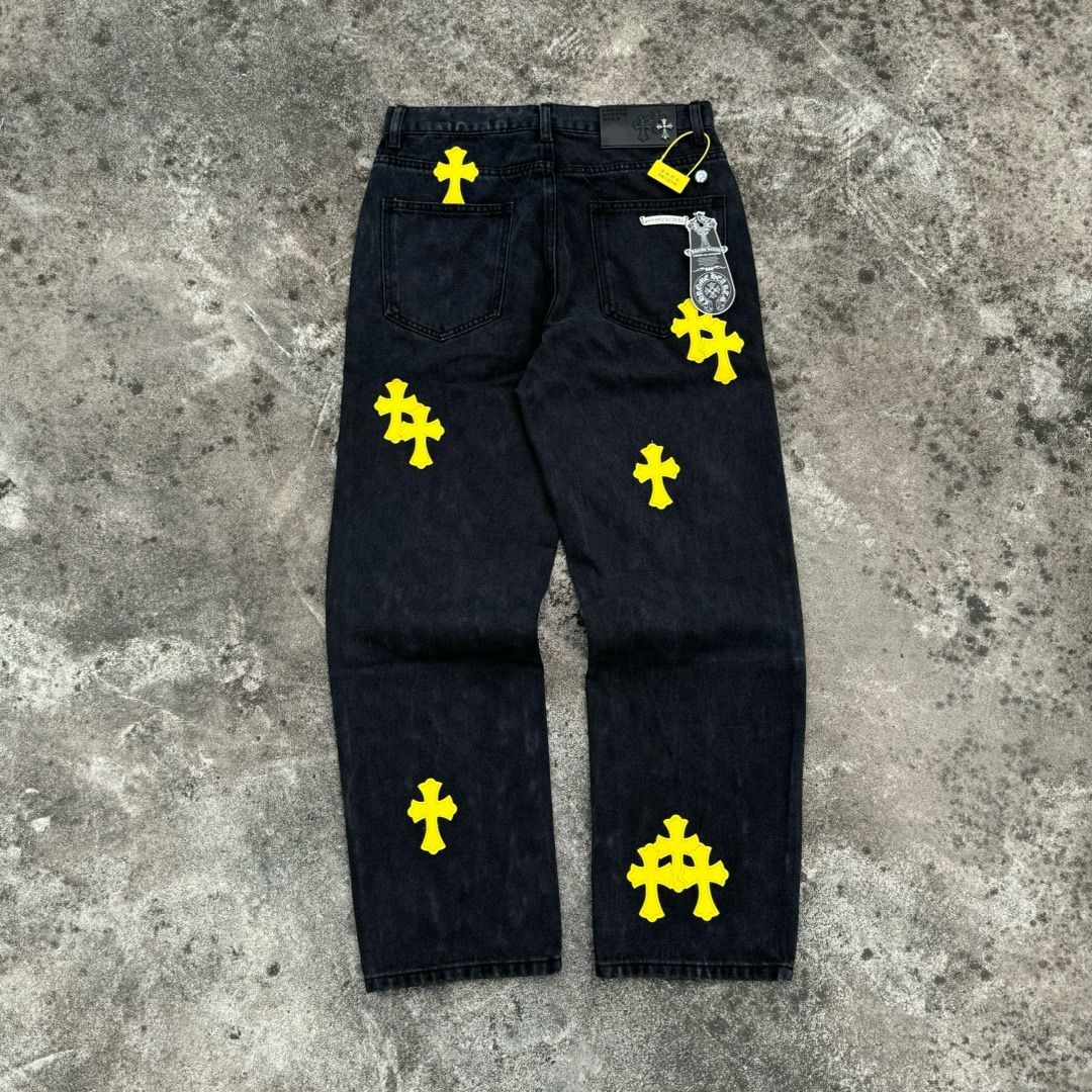 New arrival black with yellow logo jeans