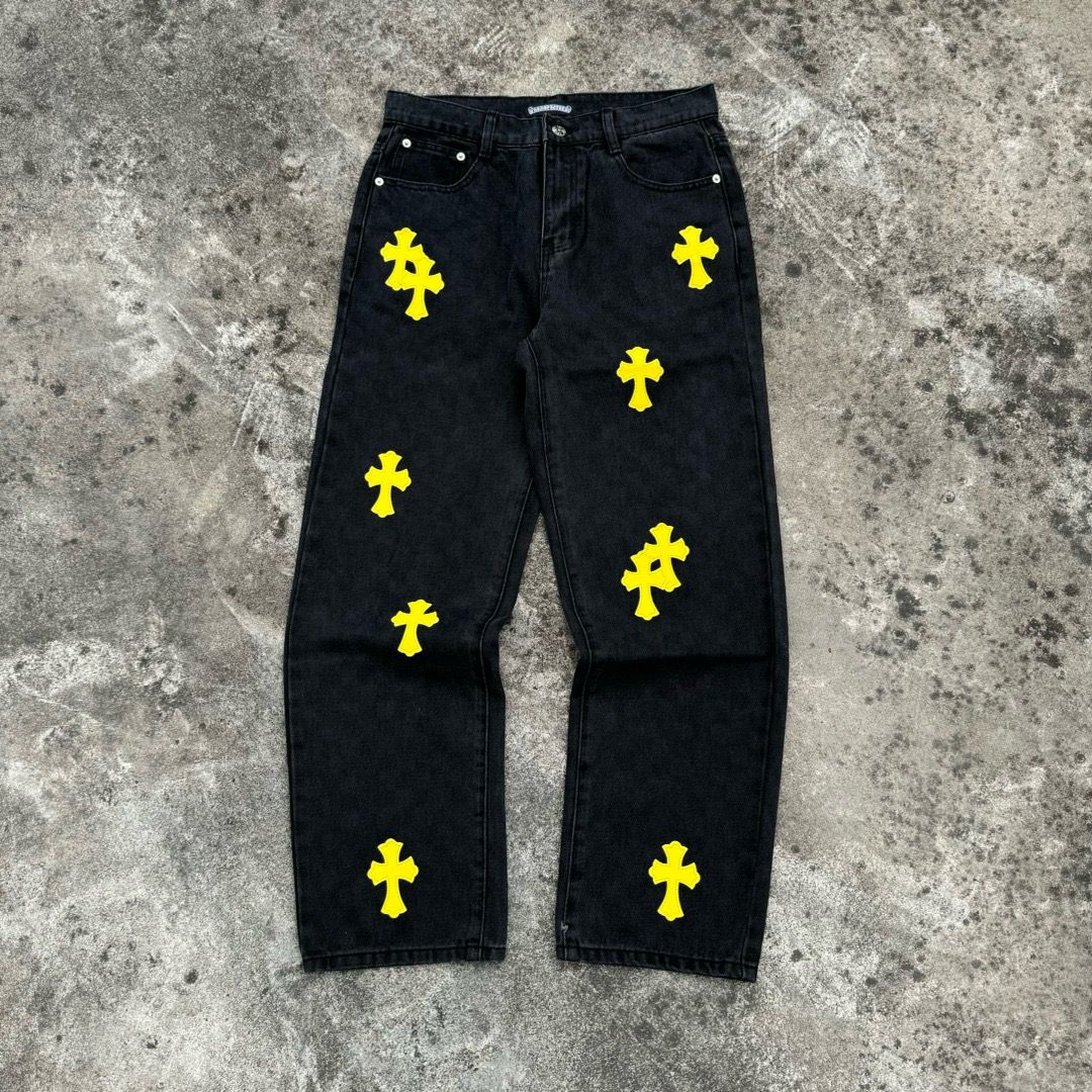 New arrival black with yellow logo jeans