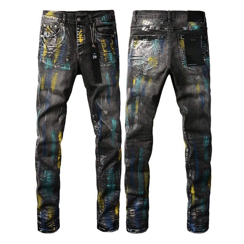 9073 smoky with yellow blue painting jeans
