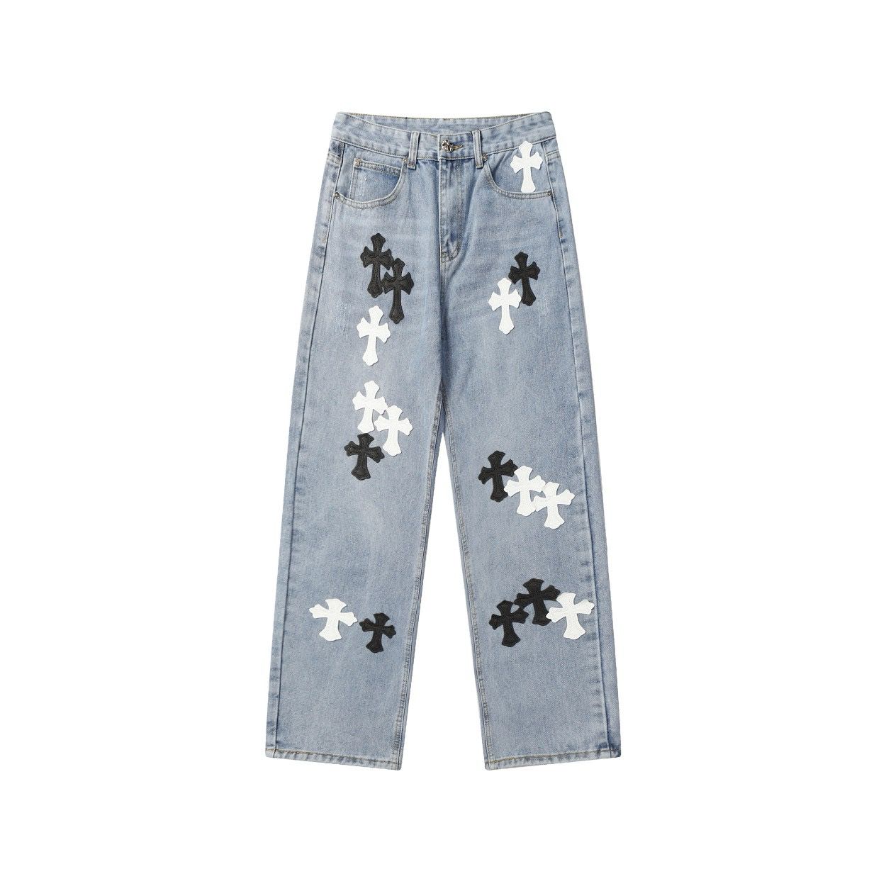 New classic blue with black leather jeans