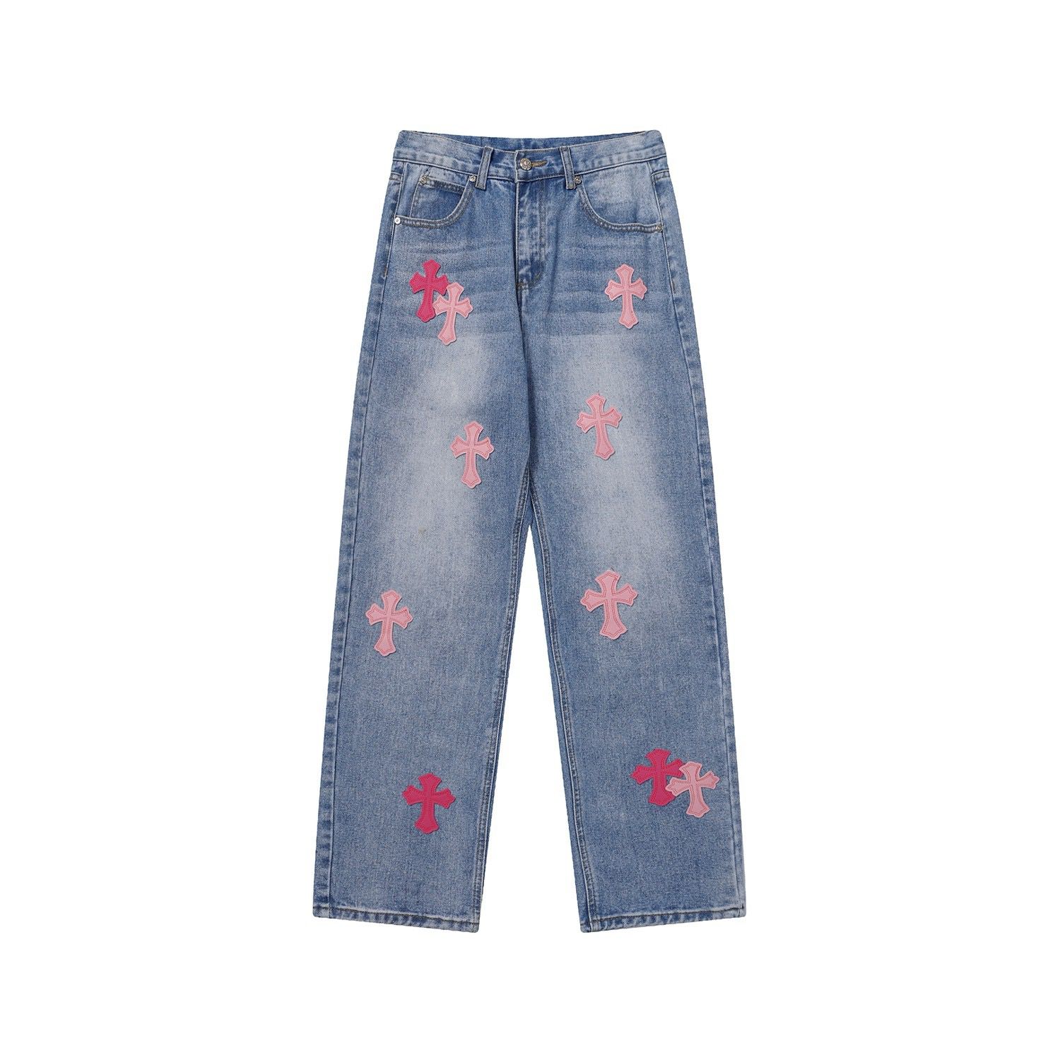 New blue with red leather logo jeans
