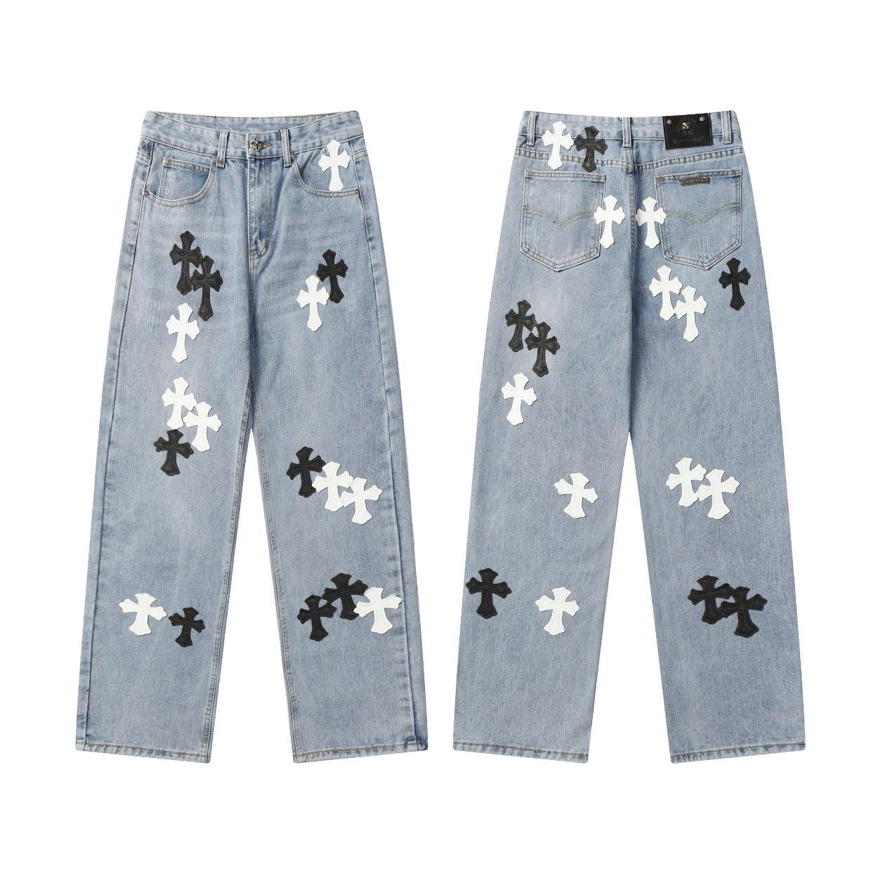 New classic blue with black leather jeans
