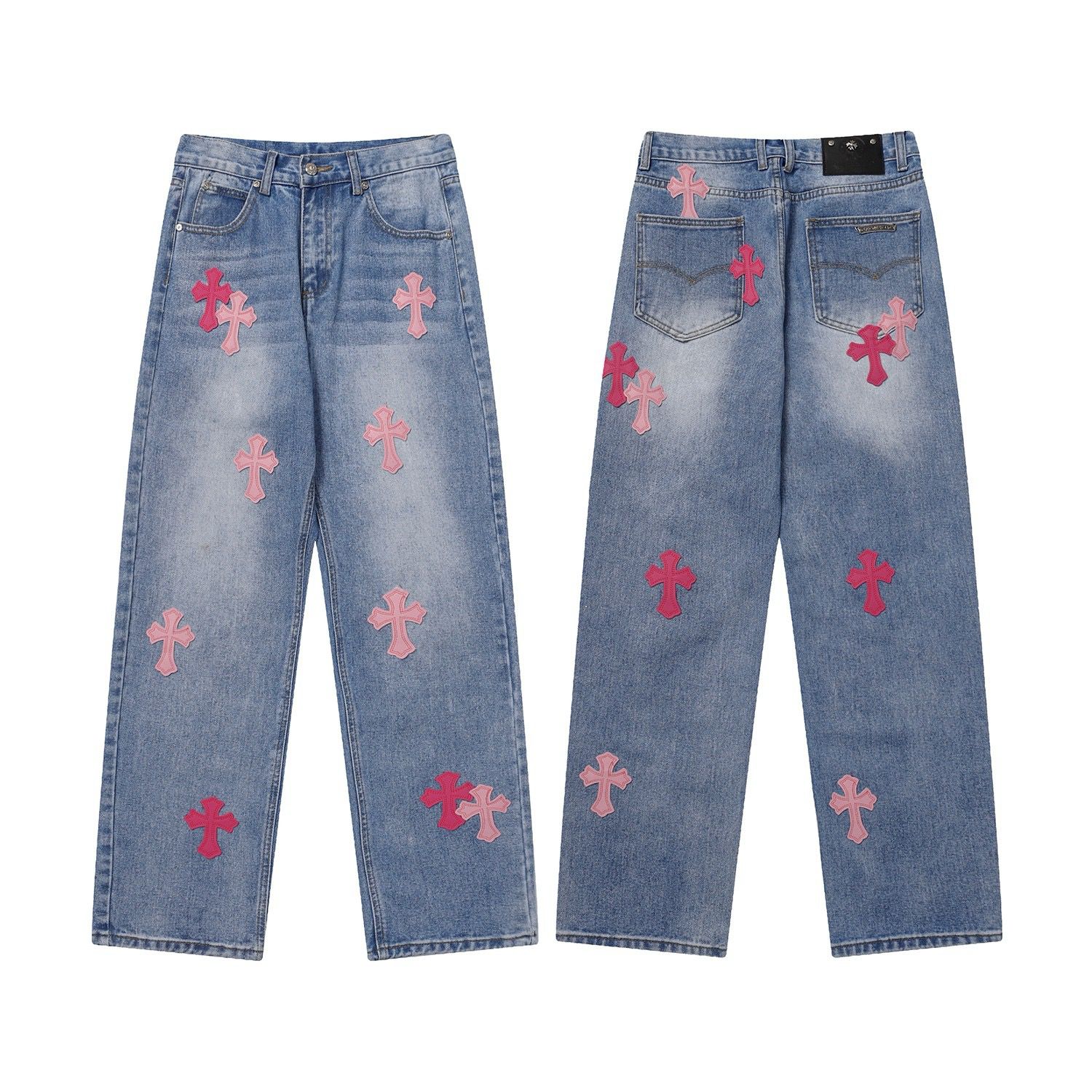 New blue with red leather logo jeans