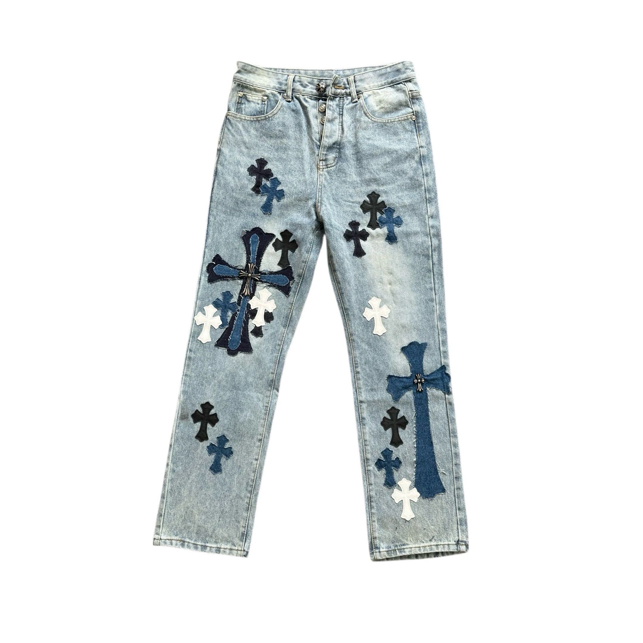 New cross leather logo jeans