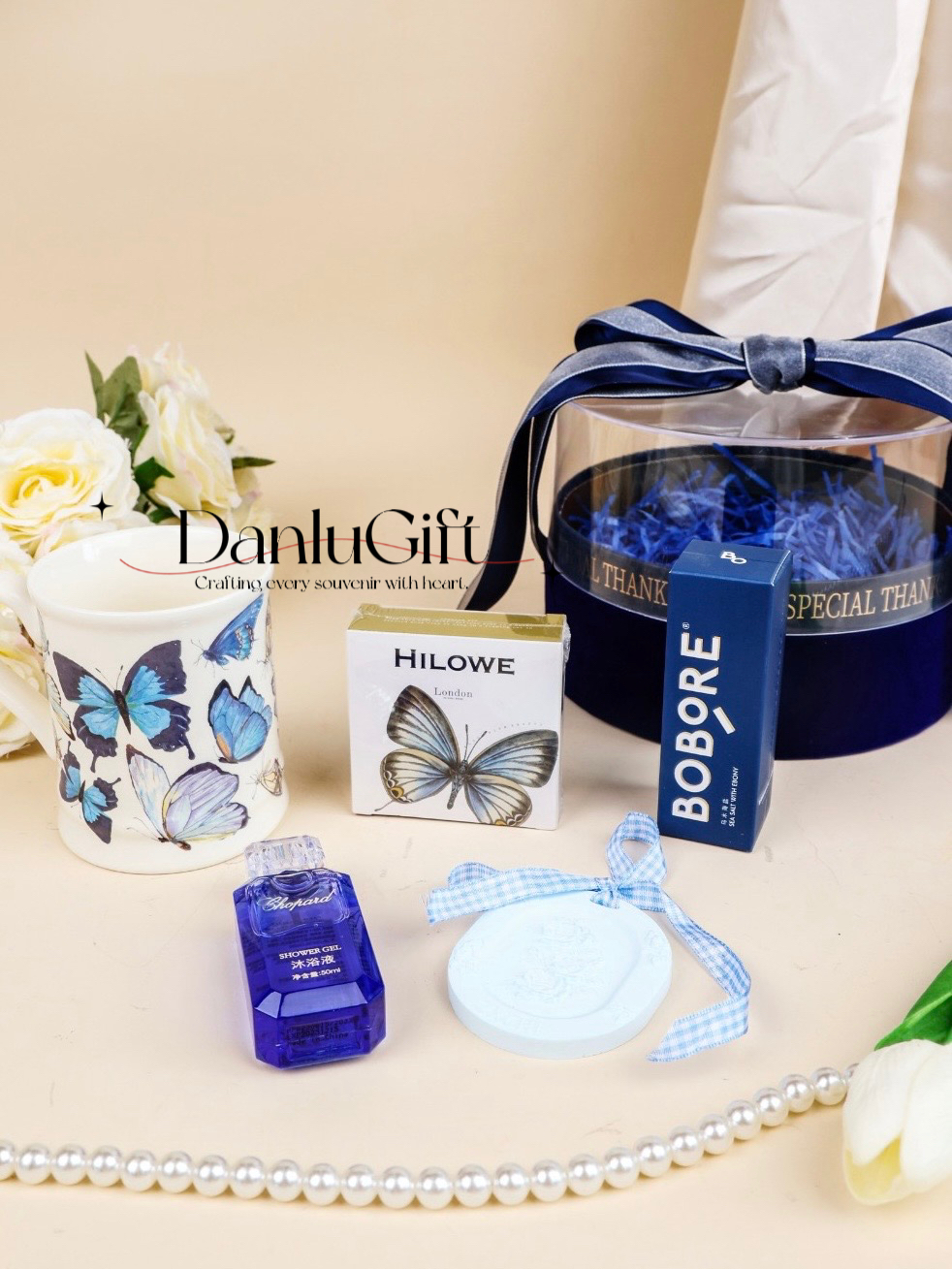 Blue set butterfly cups etc
