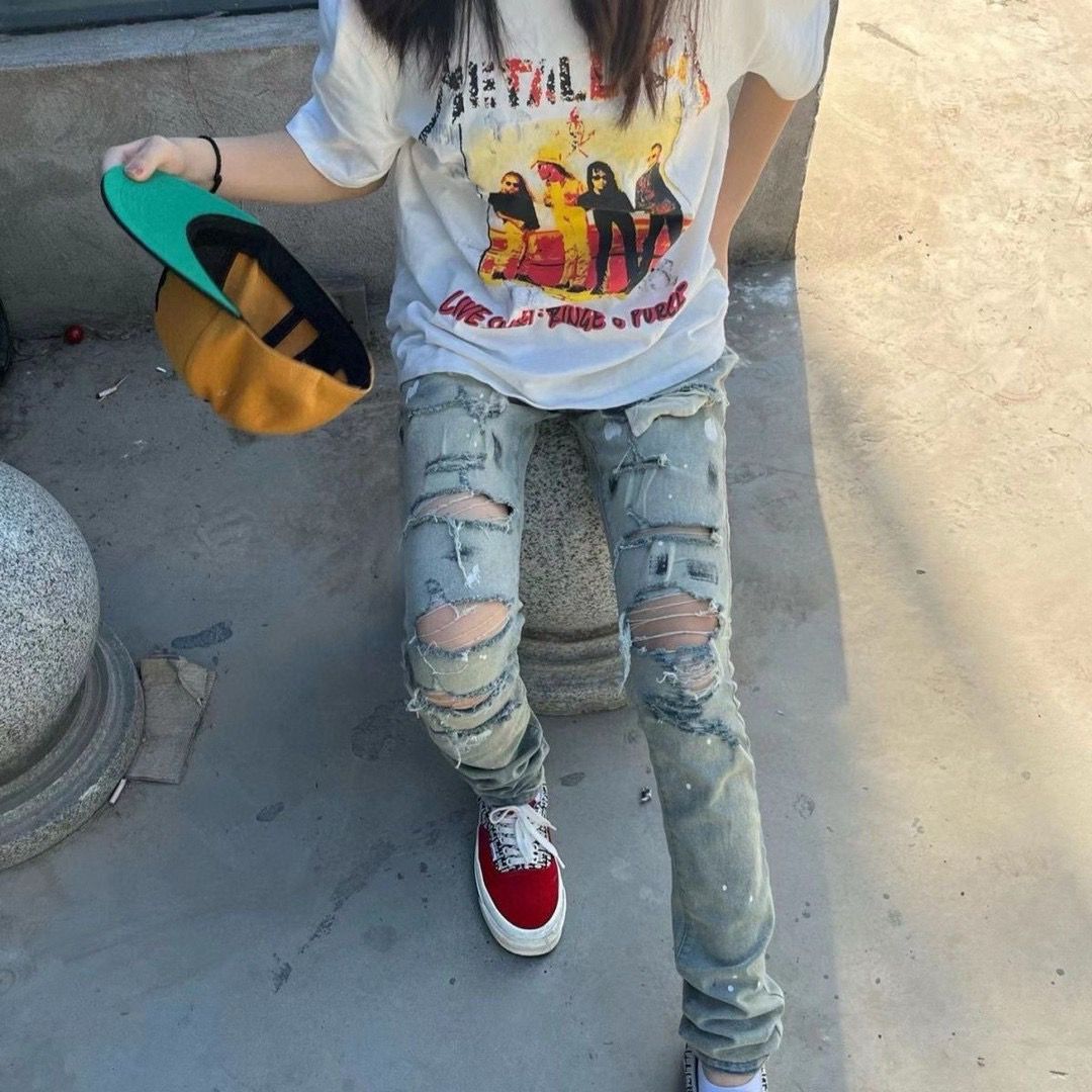 1:1 Version washing blue ripped jeans