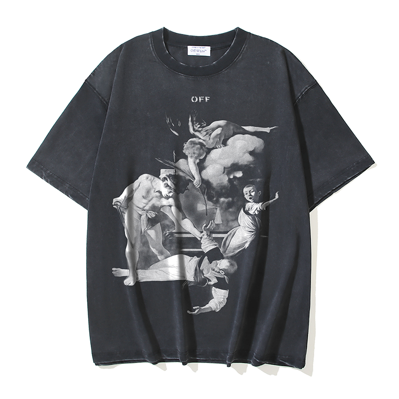 New arrival wash black heavy figure oil painting short sleeve T-shirt
