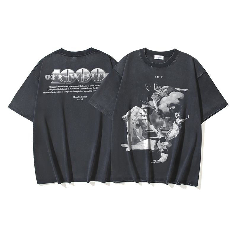 New arrival wash black heavy figure oil painting short sleeve T-shirt
