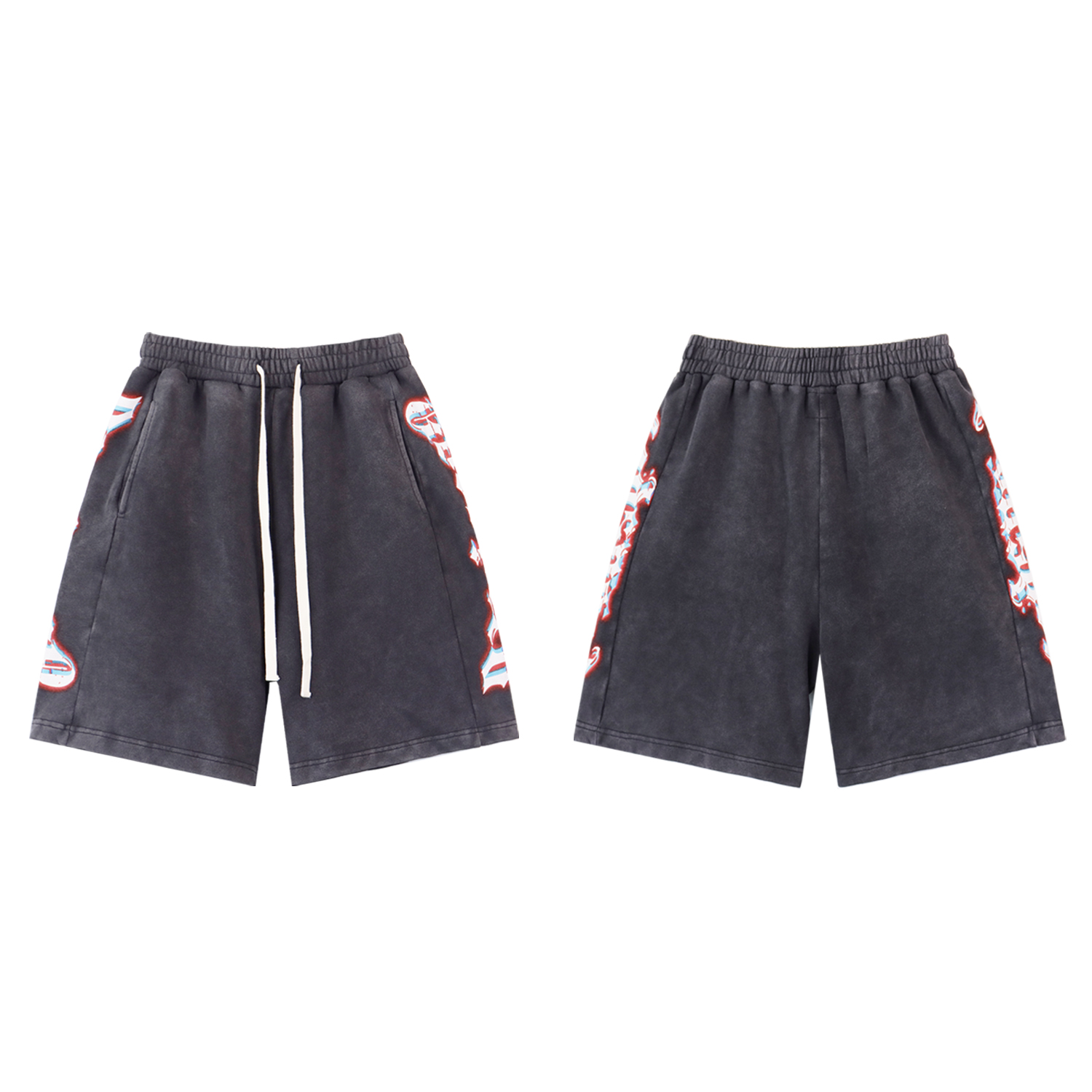 New arrival  trendy brand washed and distressed patchwork side letter shorts