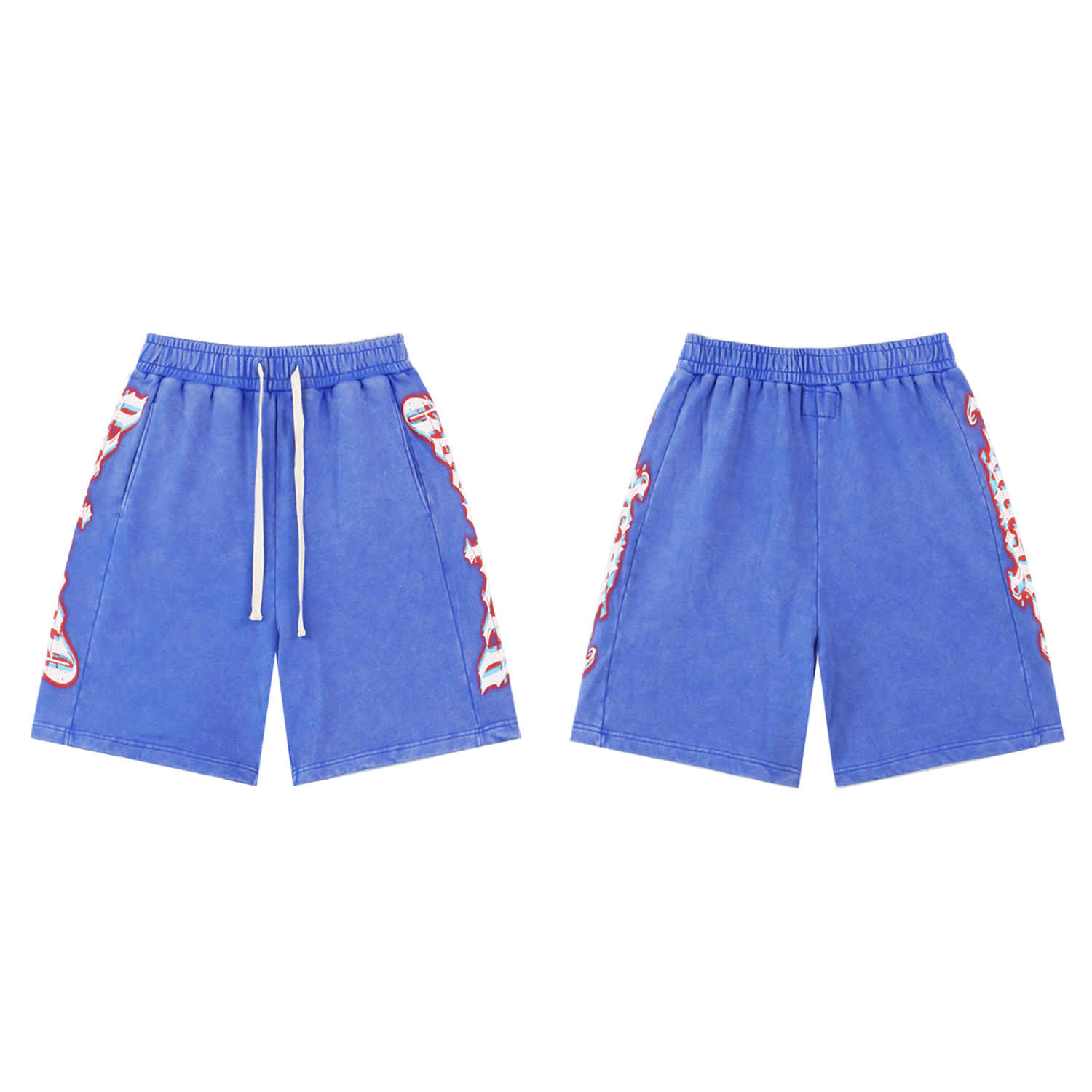 New arrival  trendy brand washed and distressed patchwork side letter shorts