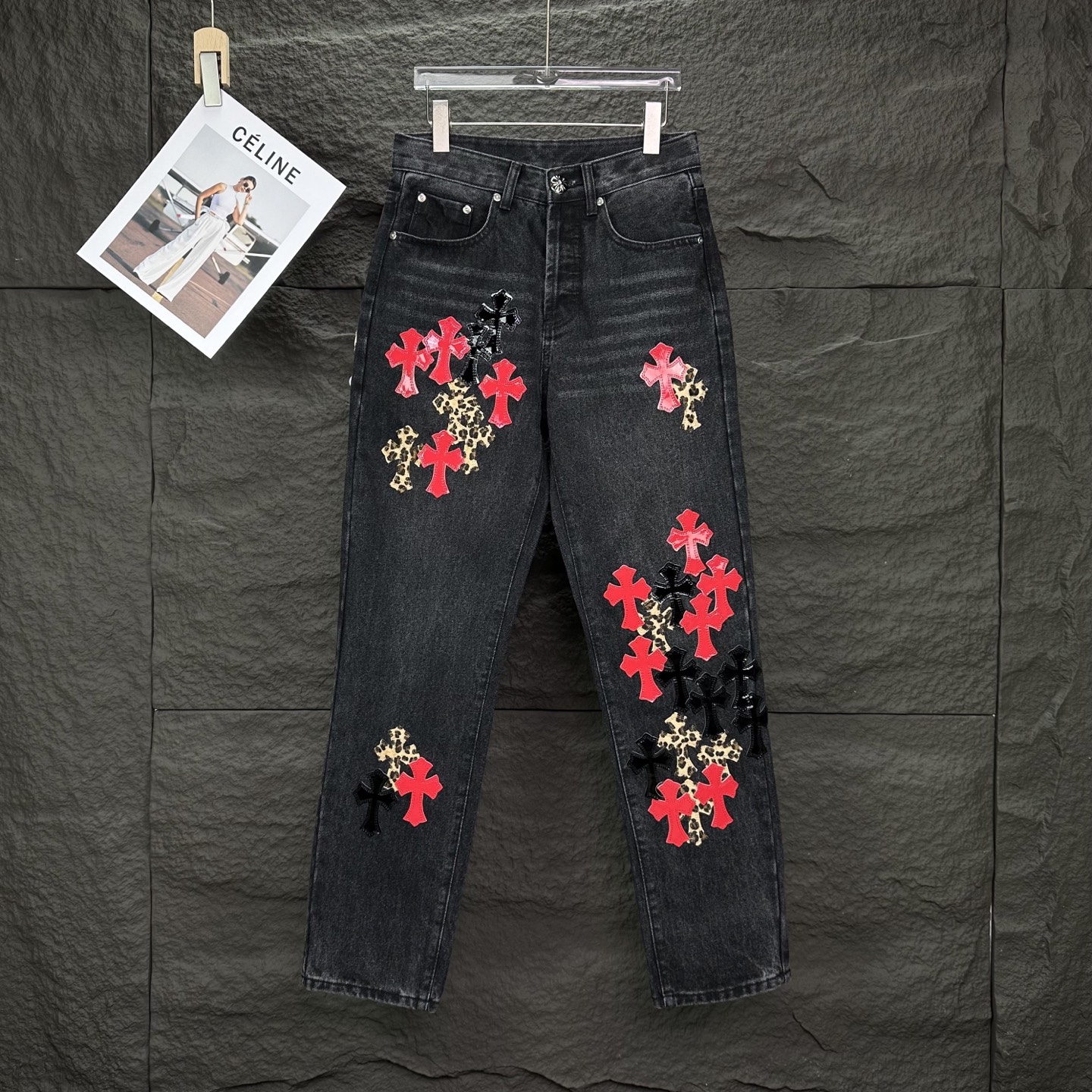 25SS Black and Red Leopard Print Sanskrit Cross Patchwork Denim Jeans