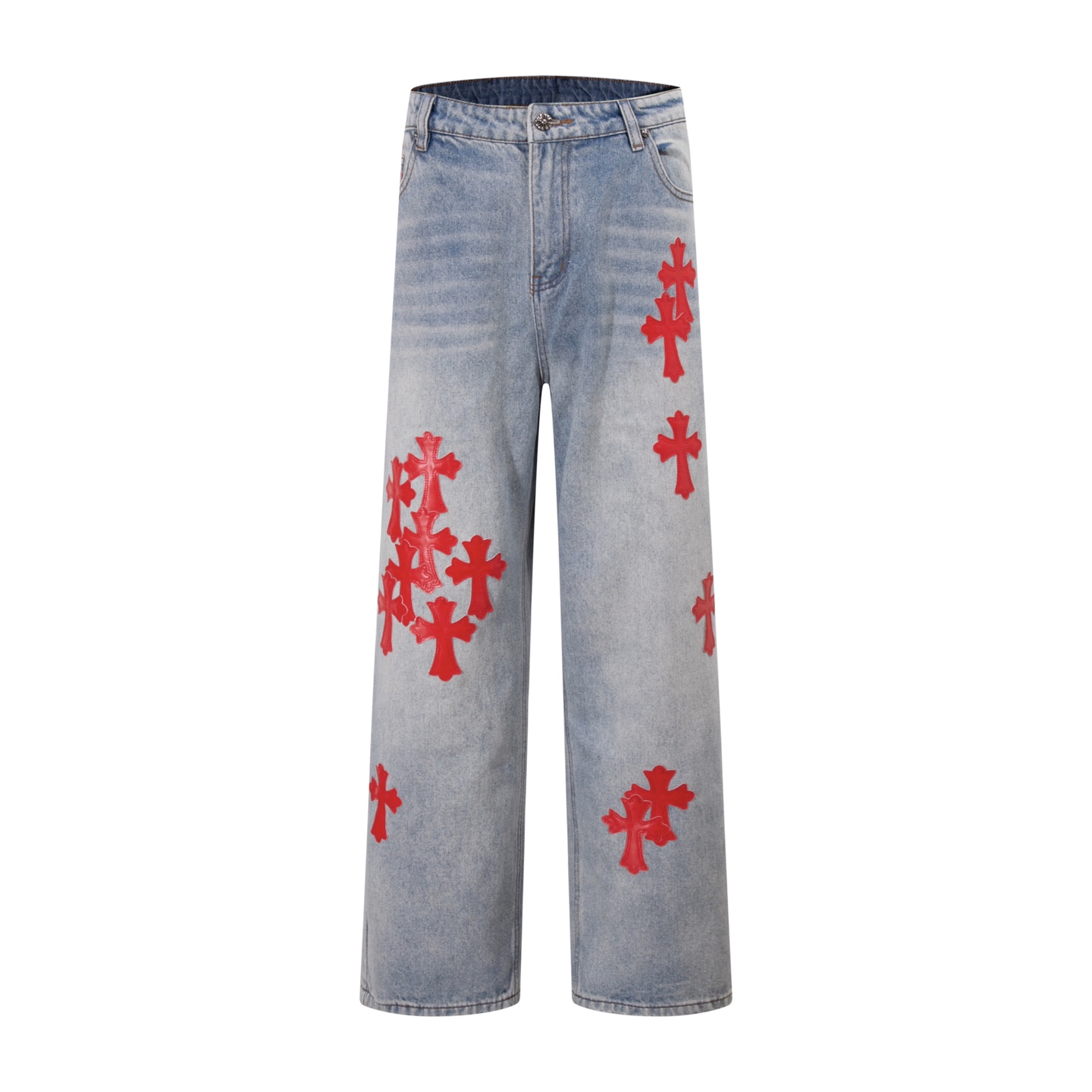 25SS New Blue Miami Printed Red Leather Jeans