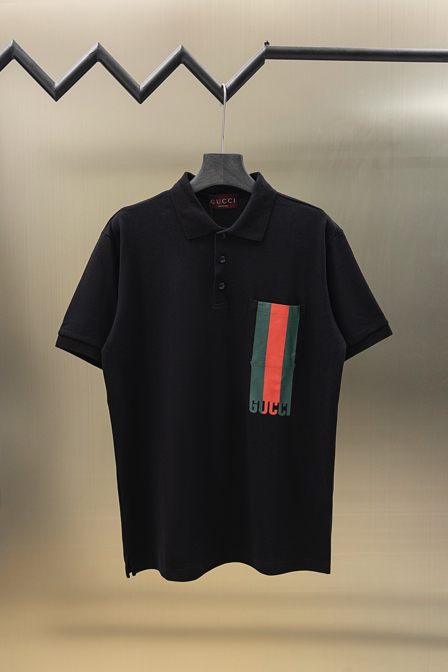 Classic three-color striped logo print pocket polo
