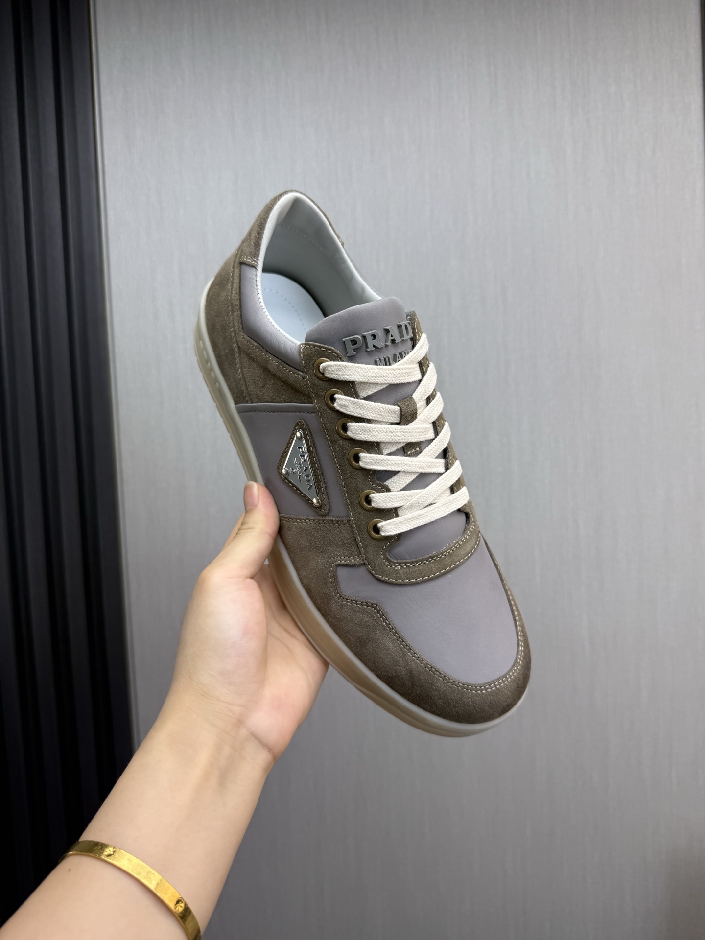 Sandblasted cowhide patchwork sneaker