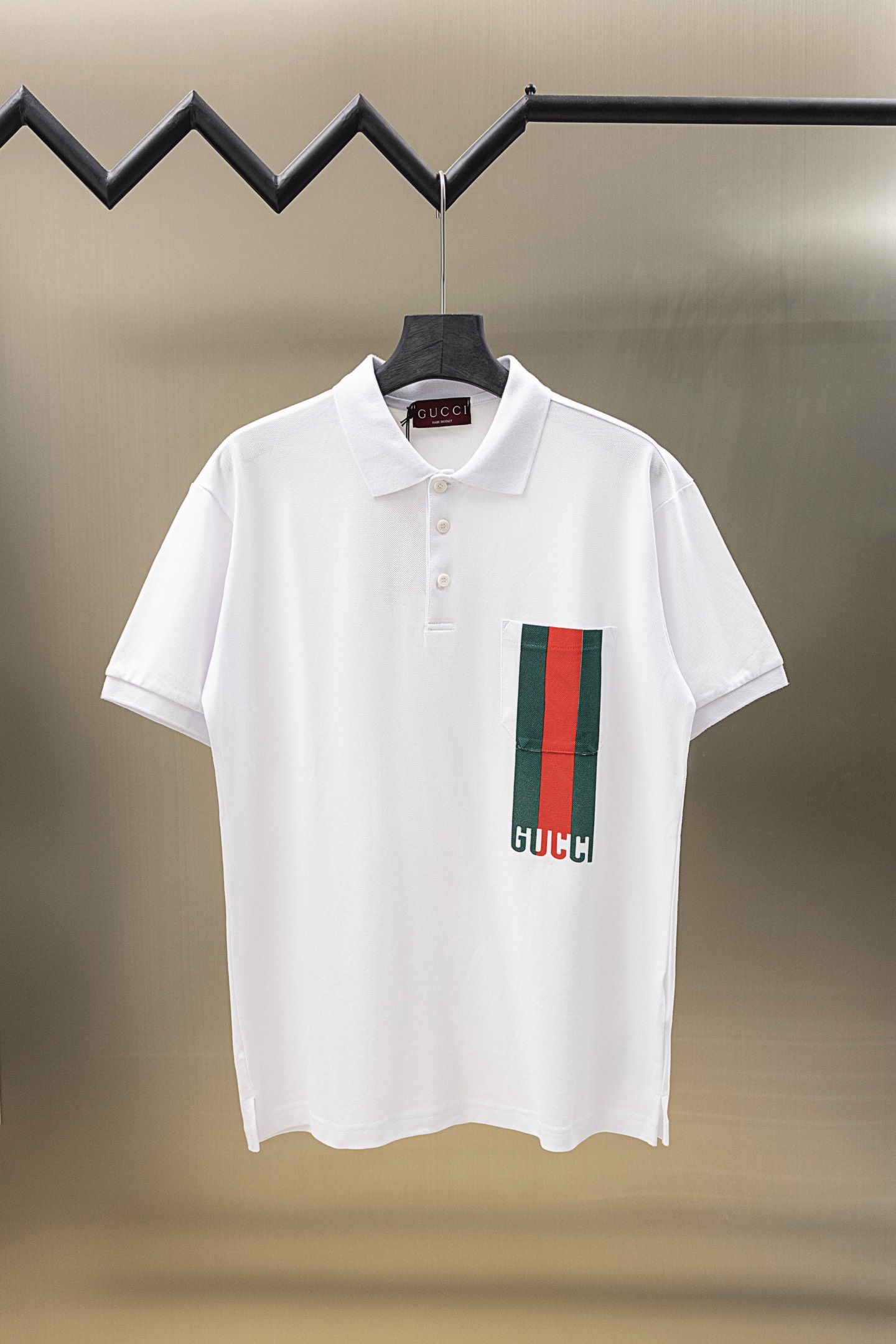 Classic three-color striped logo print pocket polo