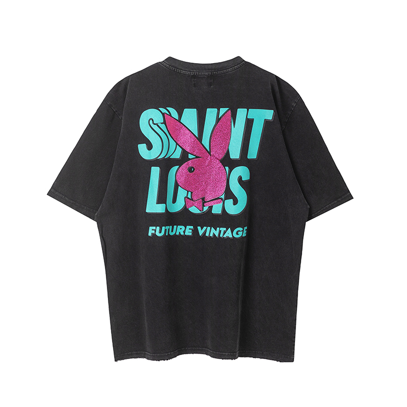 SSSAINT  x PLAYBOY Lips logo water-washed grey lip-print short-sleeved T-shirt