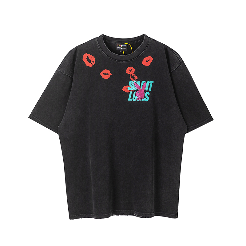 SSSAINT  x PLAYBOY Lips logo water-washed grey lip-print short-sleeved T-shirt
