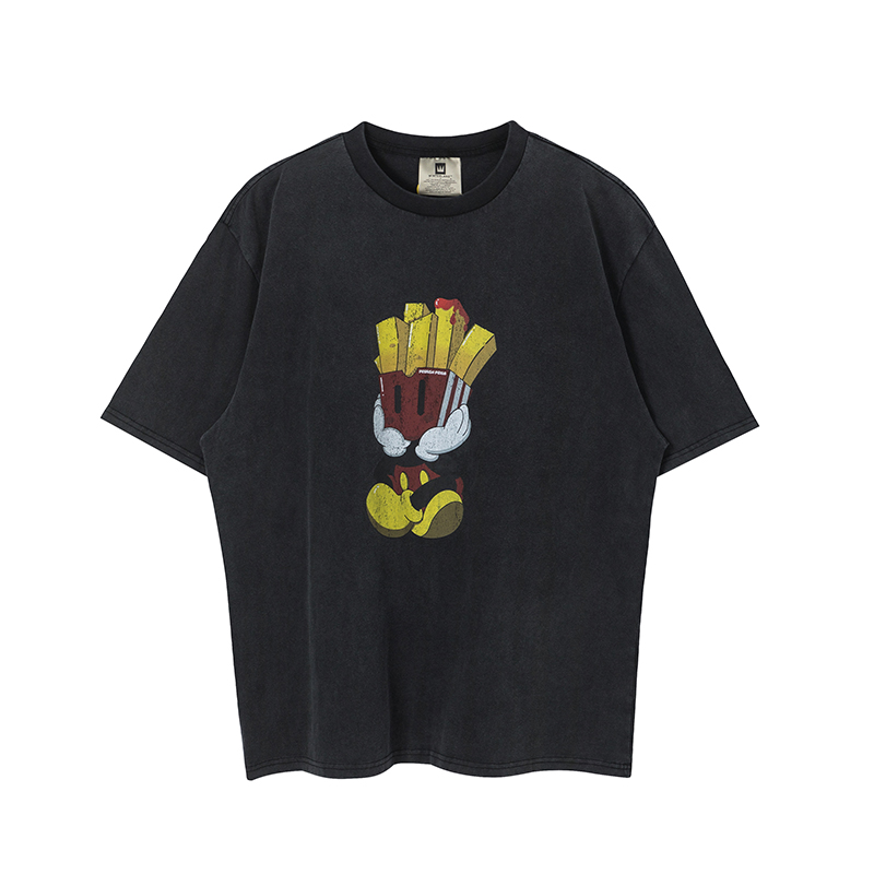 Vintage Mickey Mouse with French Fries Cartoon Distressed Short Sleeve T-shirt