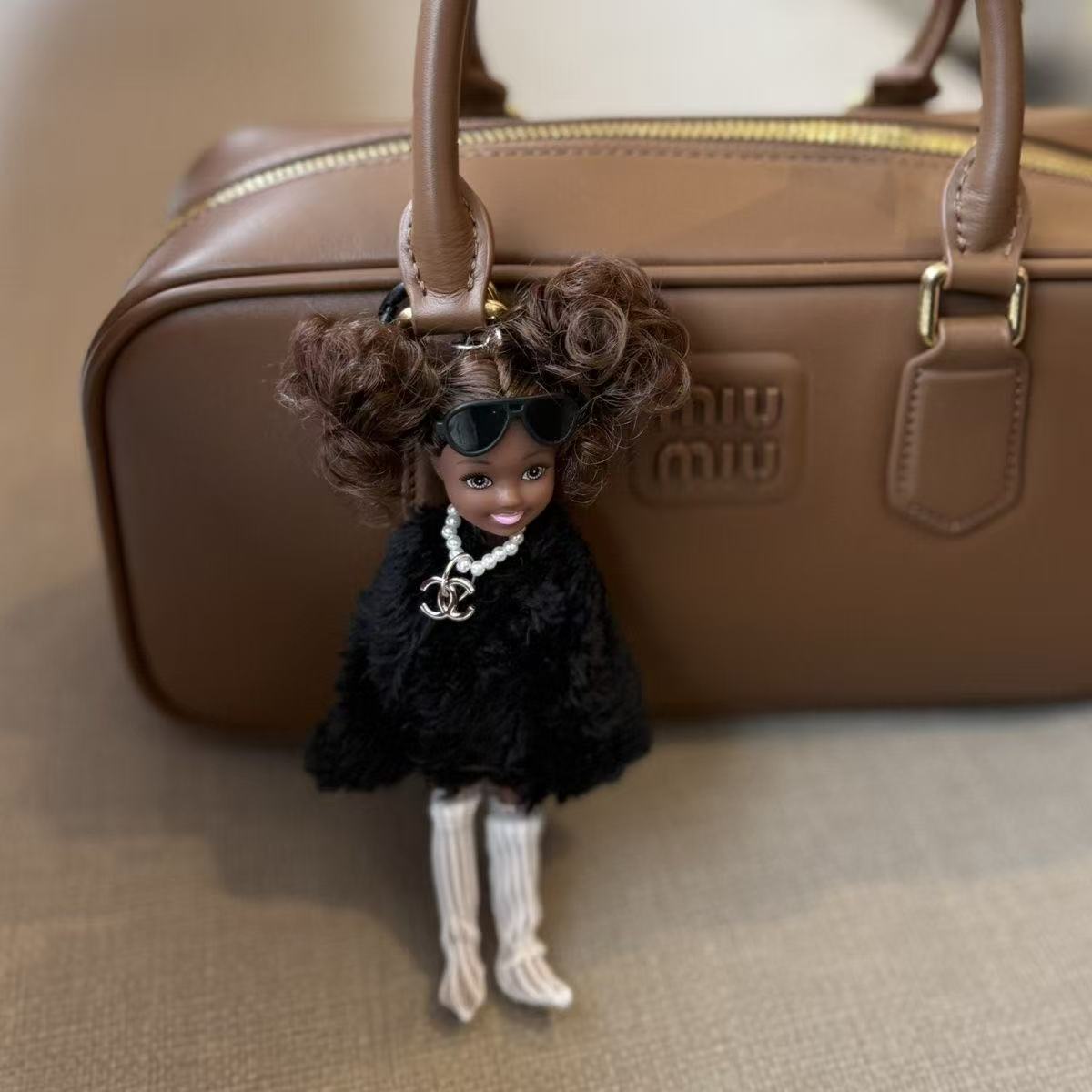 Ins Style Miu-inspired Cute Dark-skinned Barbie Black Fur Handmade Bag Charm
