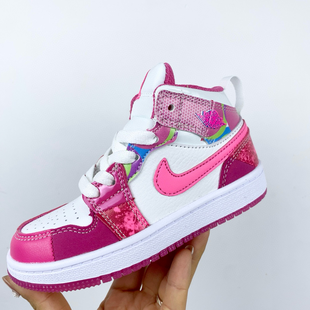 New arrival kid AJ1 sneakers rosy pink and white