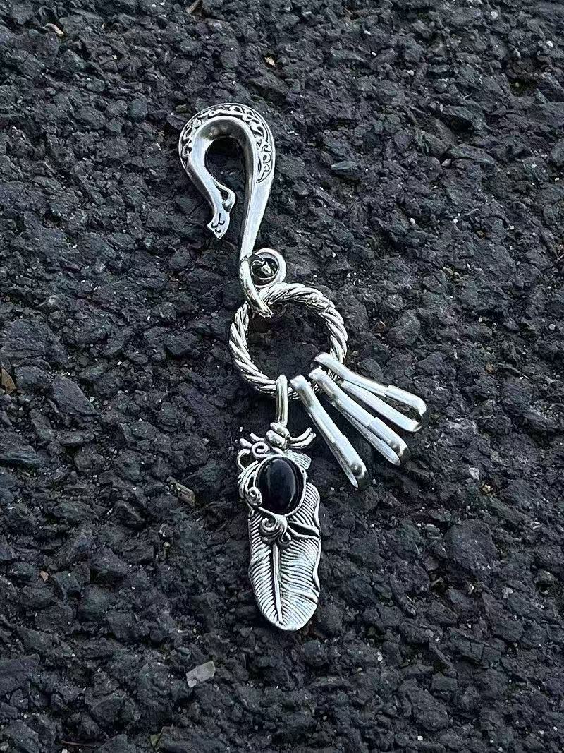 SFSN retro feather ink jade metal keychain, triple-ring pendant, niche design, high-end bag accessory