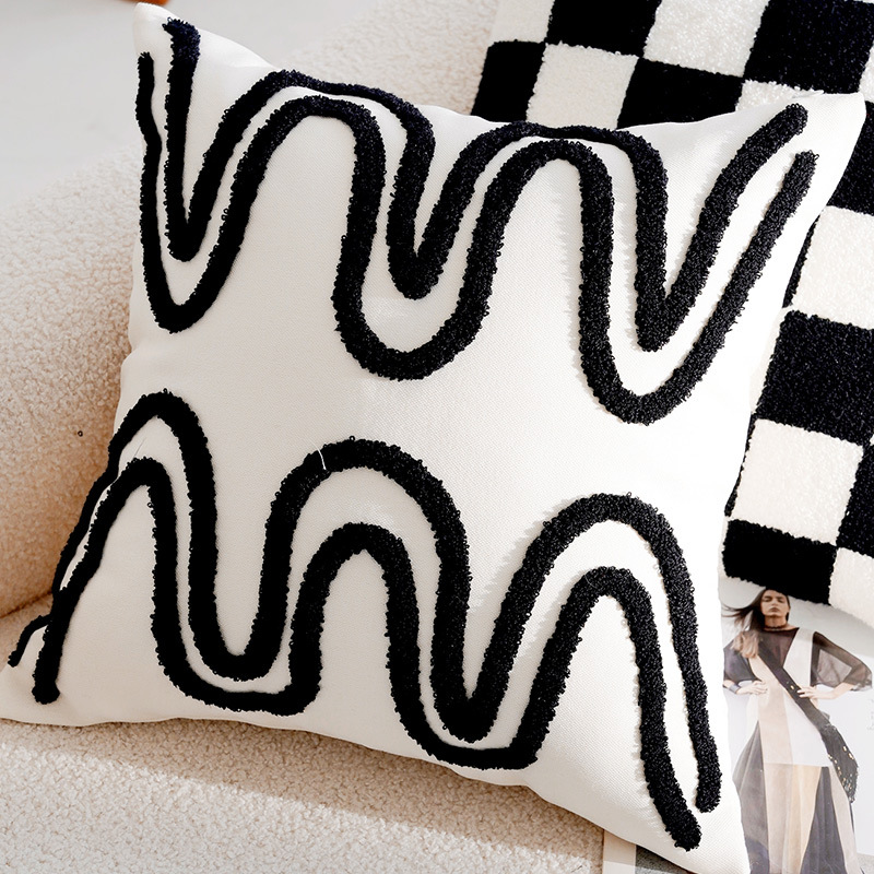 French Forest Black and White Chessboard Pattern Pillow