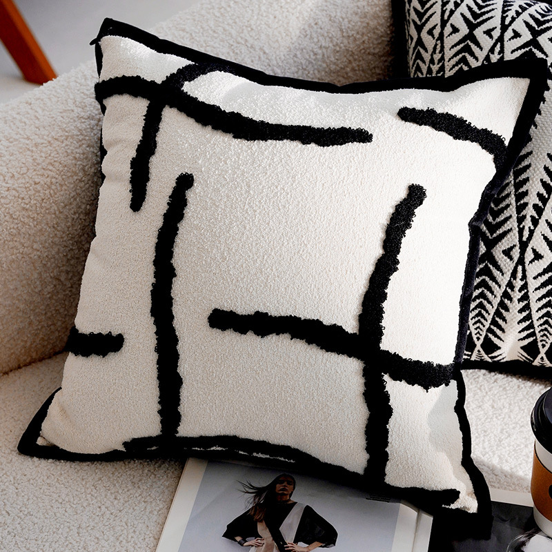 French Forest Black and White Chessboard Pattern Pillow