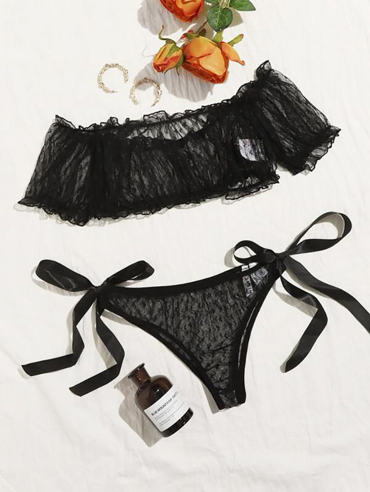 Sexy plus one shoulder strapless lace lingerie two-piece set