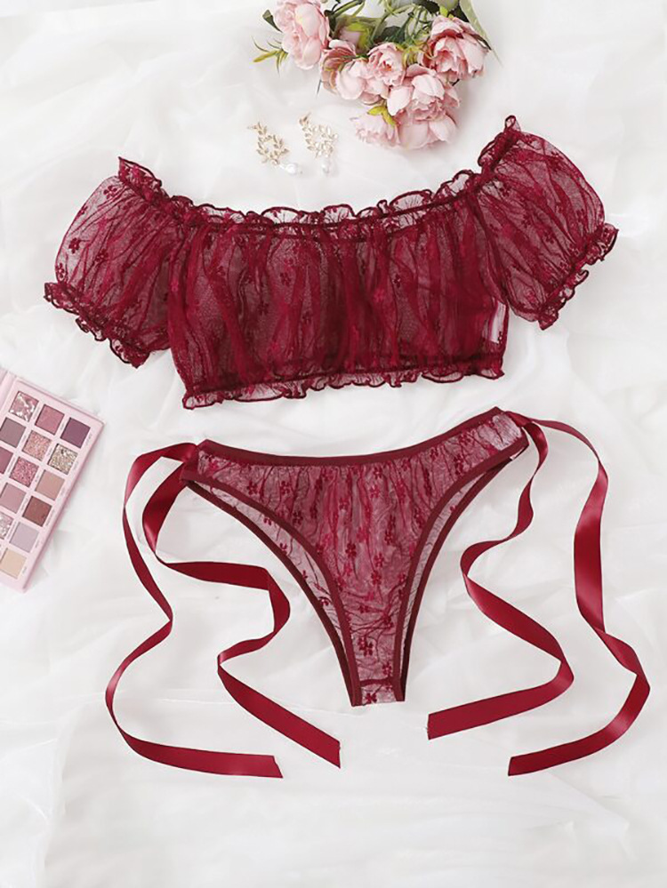 Sexy plus one shoulder strapless lace lingerie two-piece set