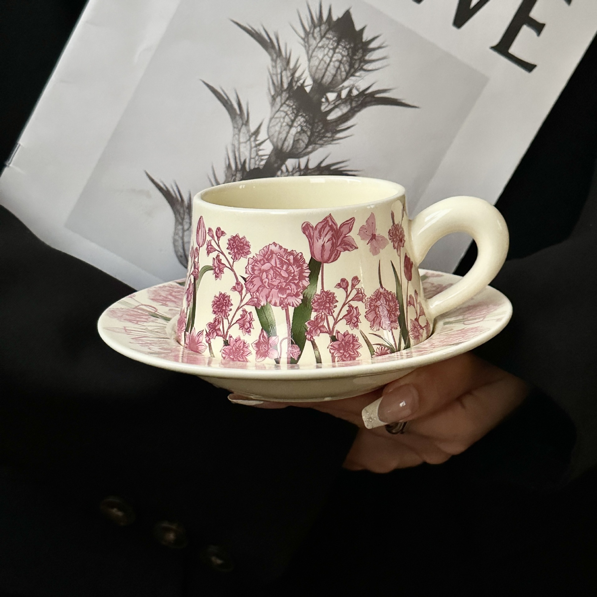 Hand drawn flower plant oil painting mug, birthday gift, souvenir