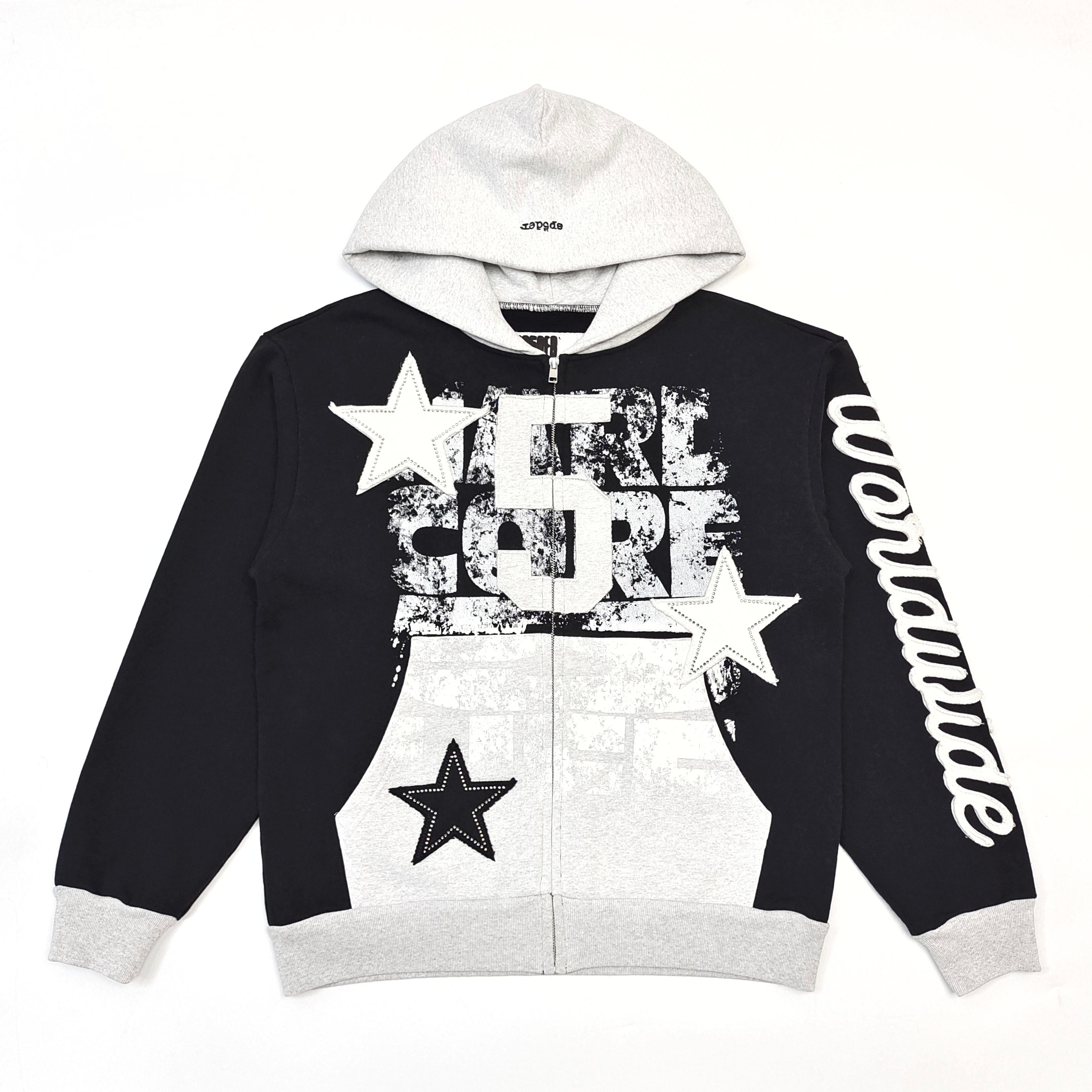 Grey and black color-blocked rhinestone washable hooded sweatshirt