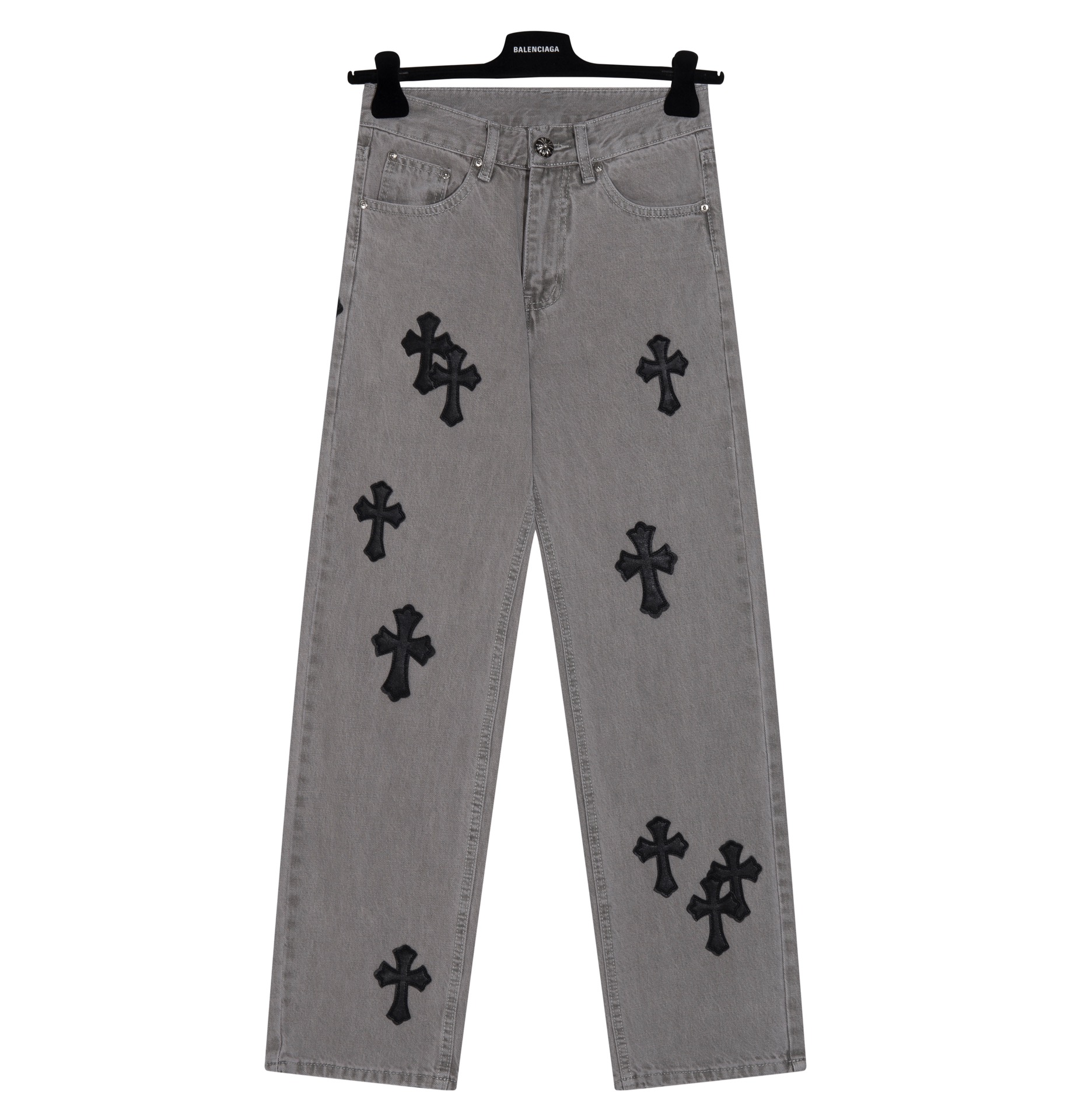 Limited edition grey patchwork leather high street jeans