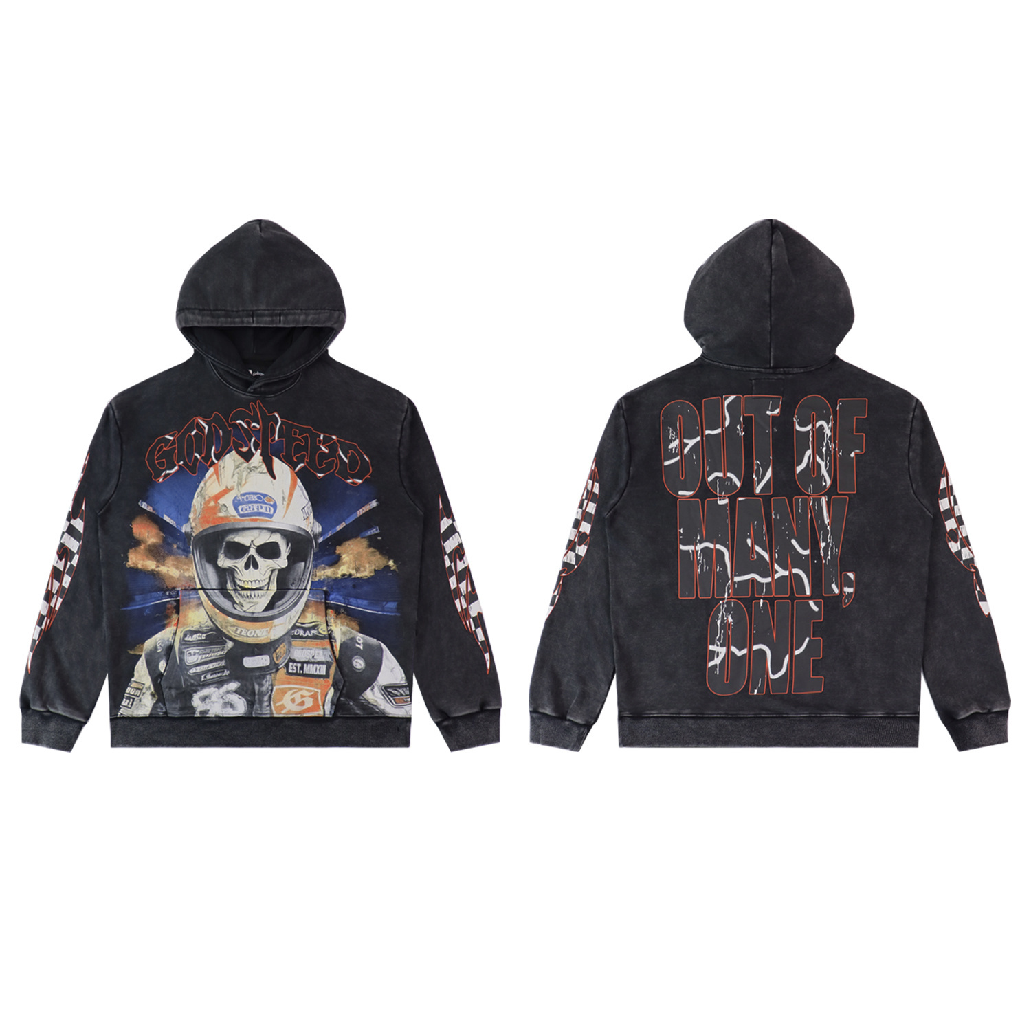 New arrival Water-washed distressed print hooded sweatshirt