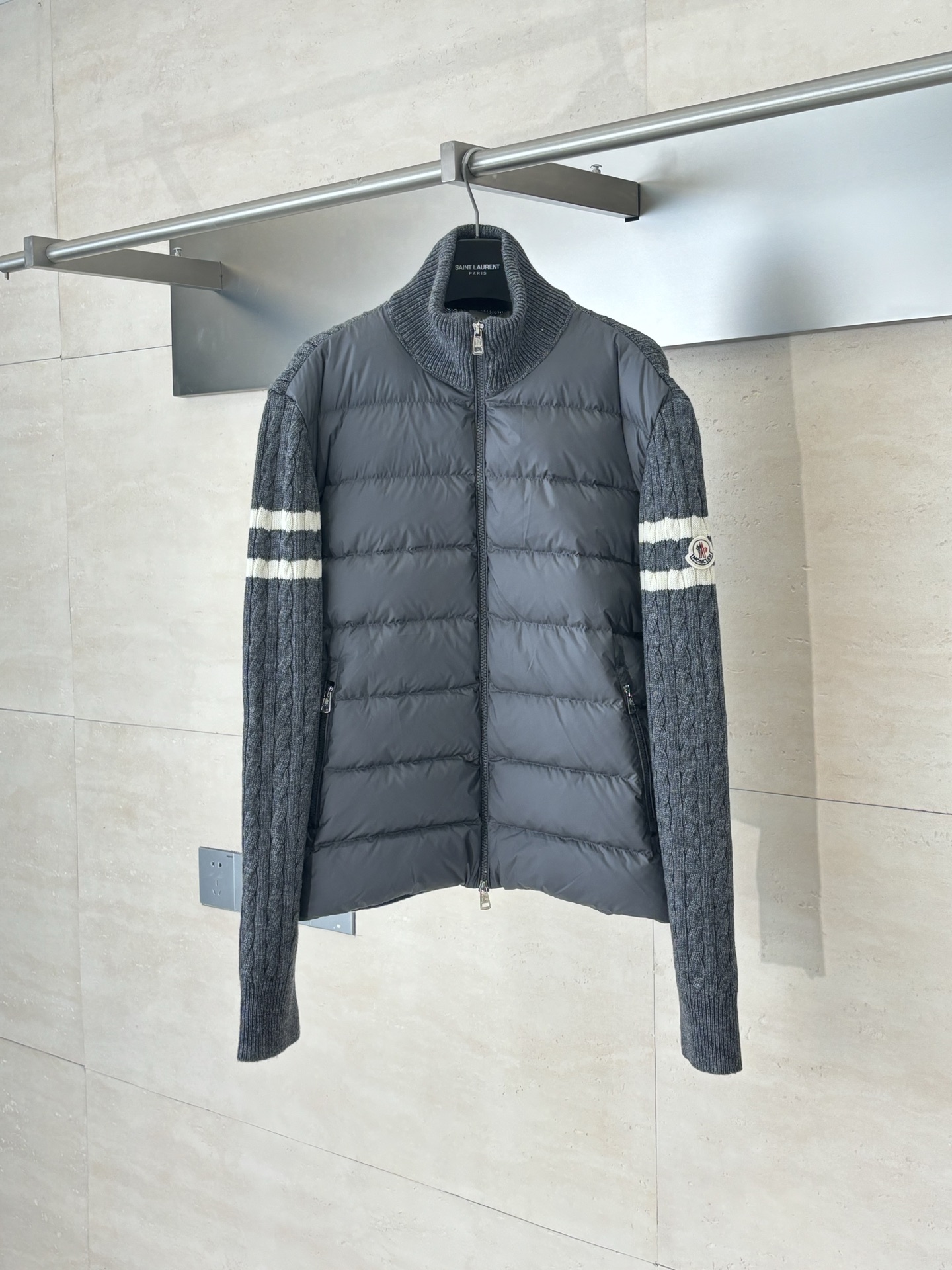 MC zipper striped wool patchwork down jacket